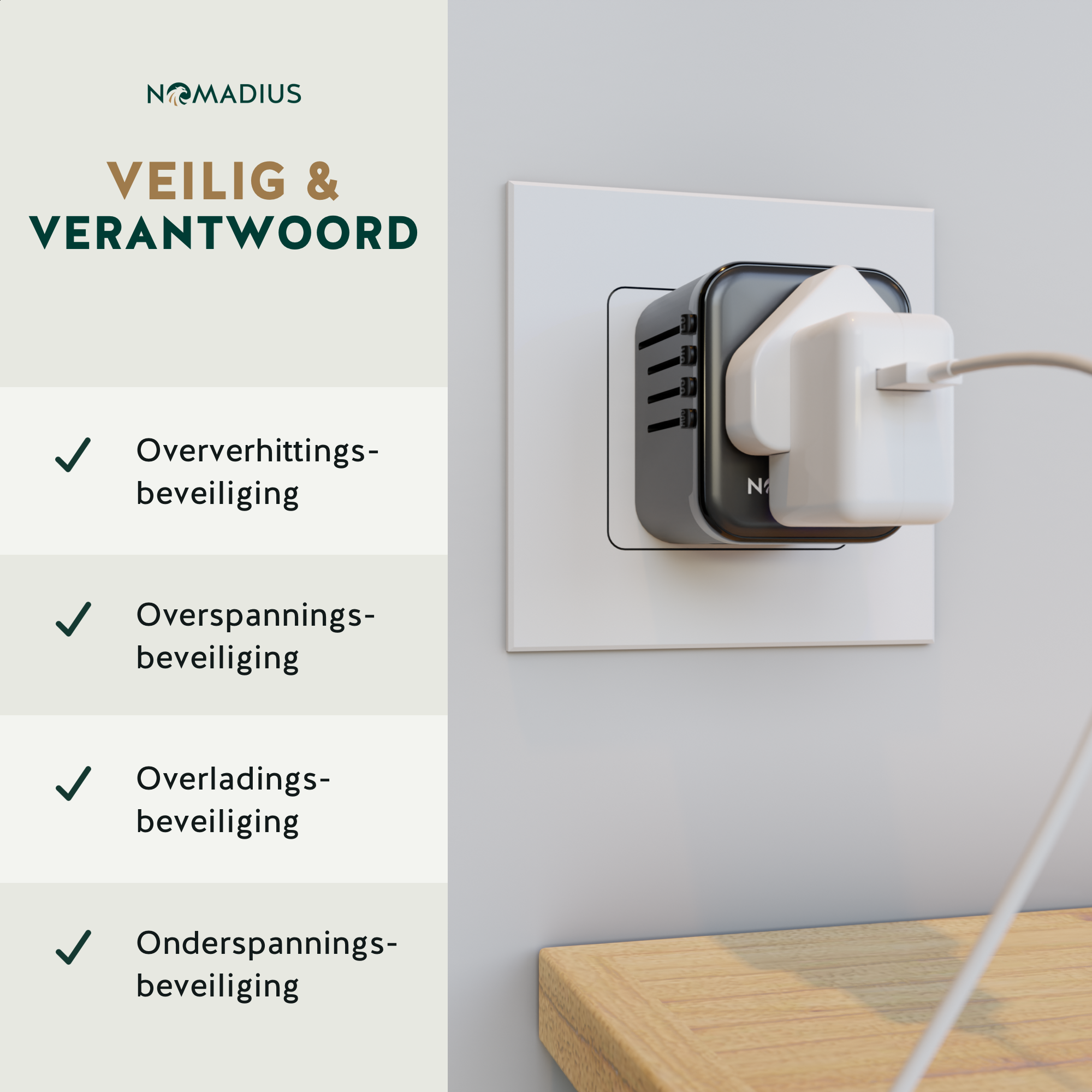 Een witte stekker met een grijze adapter aangesloten op een stopcontact.