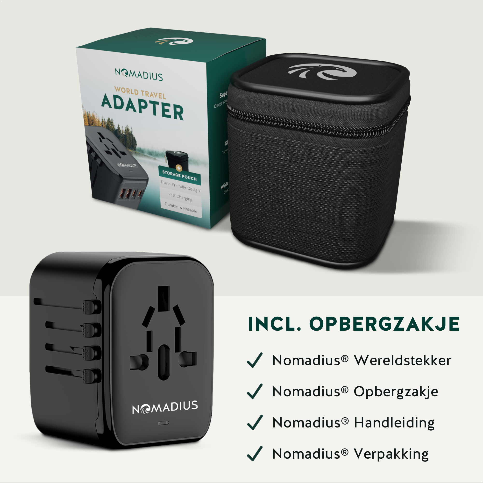 Een zwarte reisadapter met een doos en etui. Het is een World Travel Adapter van Nomadius, met een opbergetui.