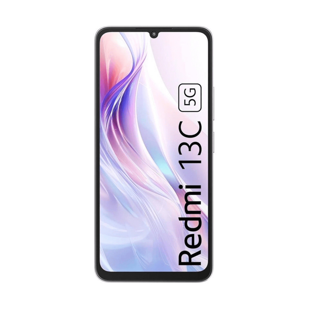 Smartfon z tekstem 'Redmi 13C 5G' na ekranie. Telefon jest biały.