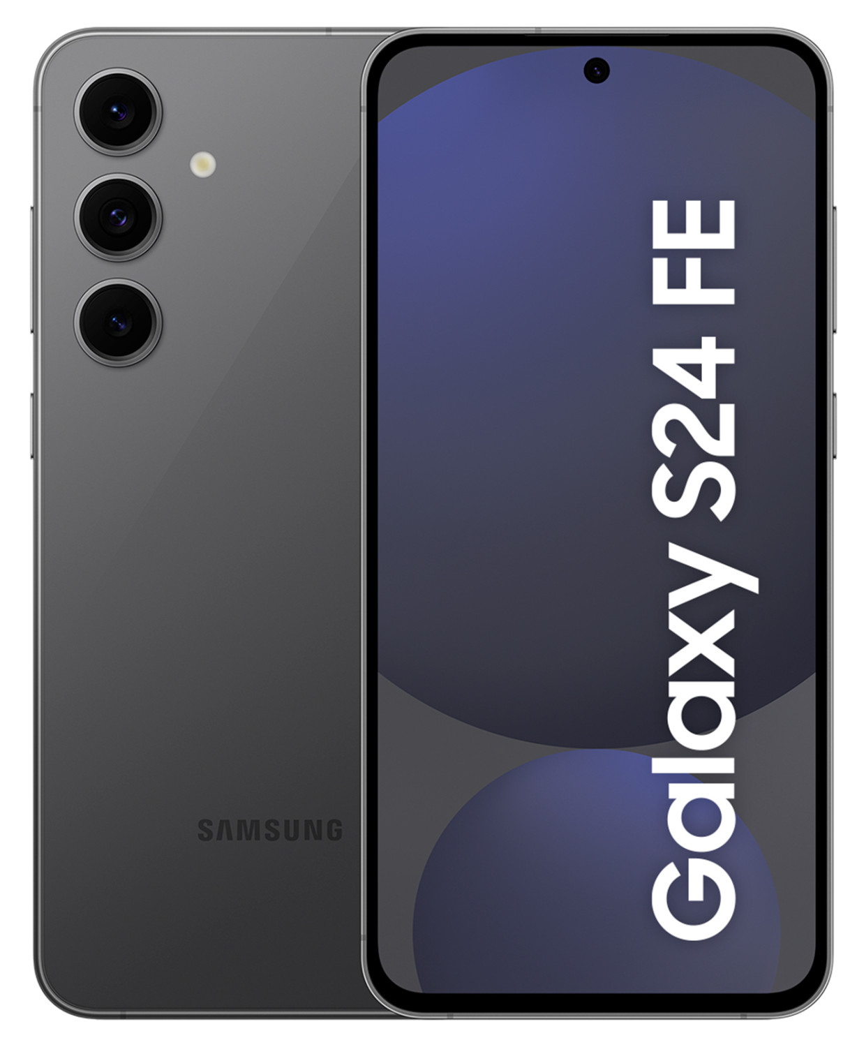 Zwei Telefone: graues Samsung Galaxy S24 FE. Eins vorne, eins hinten, mit Modellnamen auf dem Bildschirm.