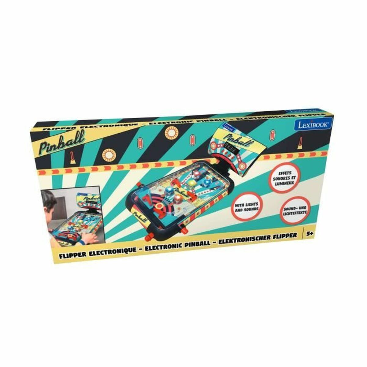 Una scatola colorata per flipper con testo in più lingue.