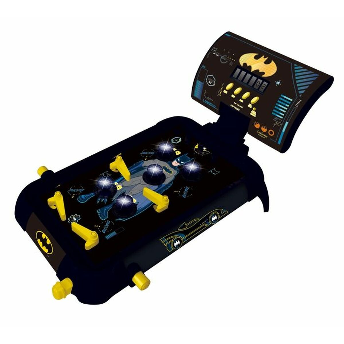 Un flipper nero con personaggi di Batman. Il punteggio del gioco è visibile.