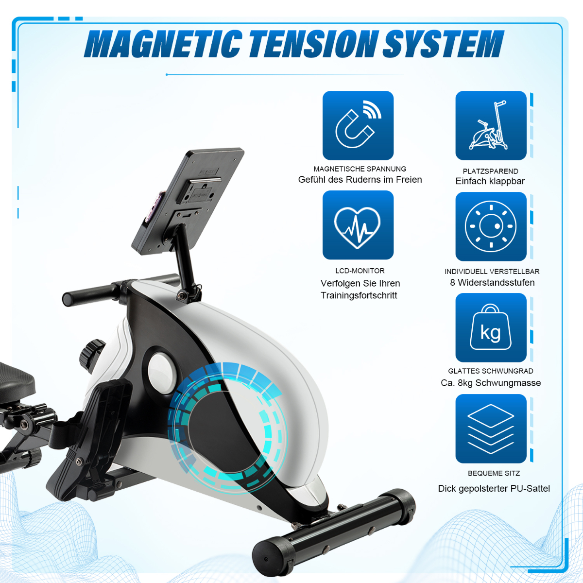 Heimtrainer mit Etiketten für Funktionen: Magnetspannung, LCD-Monitor und 8 Widerstandsstufen.