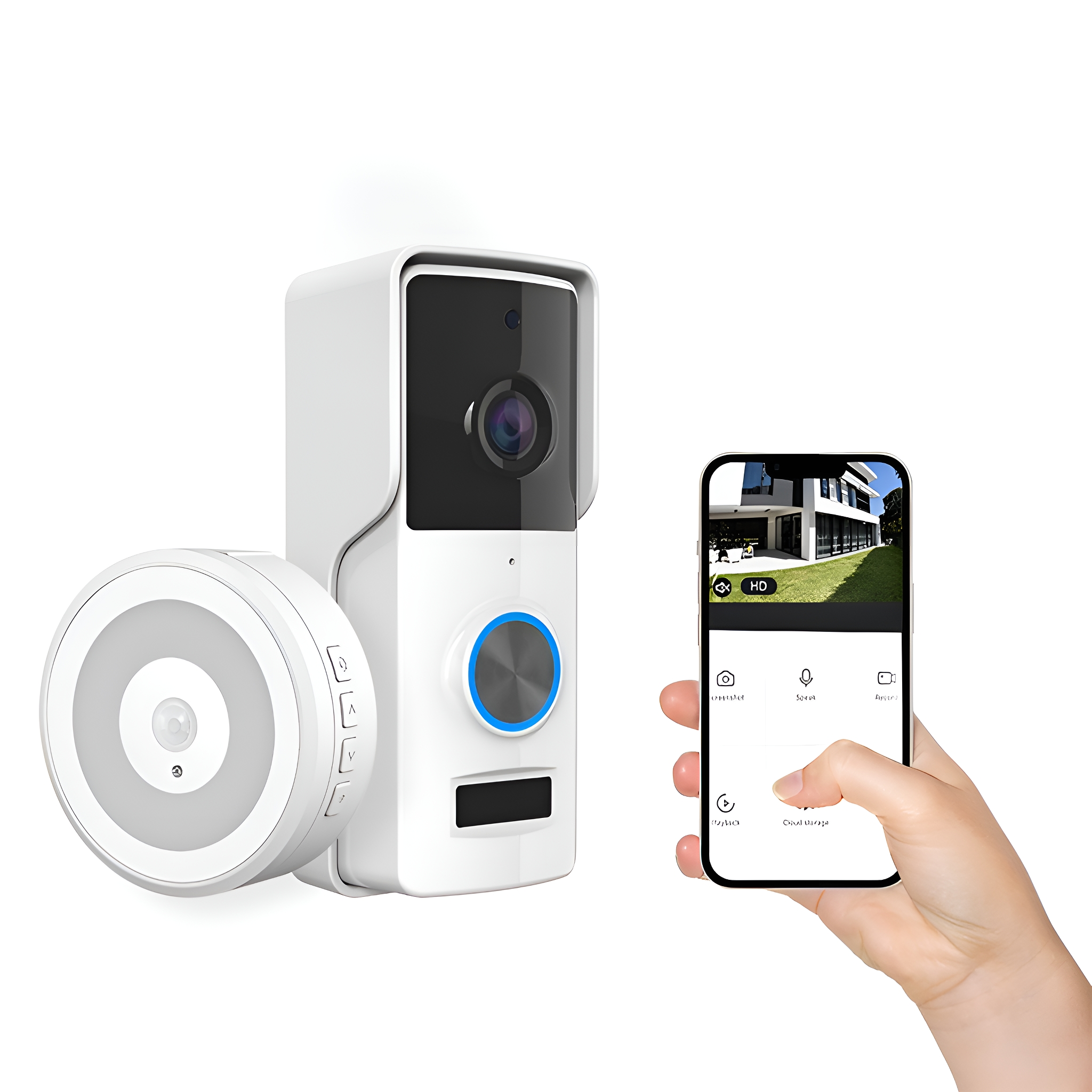 Weiße intelligente Türklingel mit Kamera, Bewegungssensor und Smartphone mit Live-Ansicht.