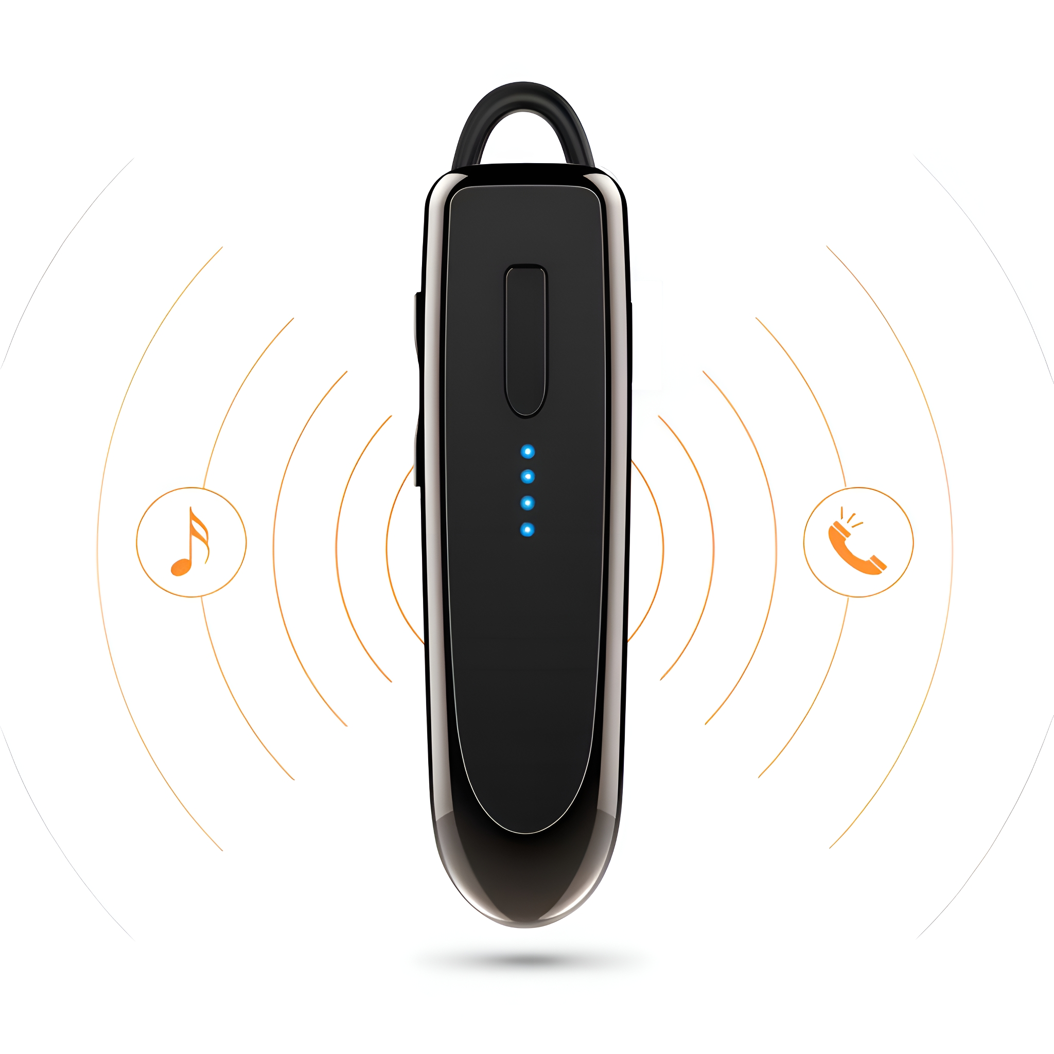 Ein schwarzes Bluetooth-Headset mit Schallwellen-Illustrationen, mit vier blauen Lichtindikatoren.