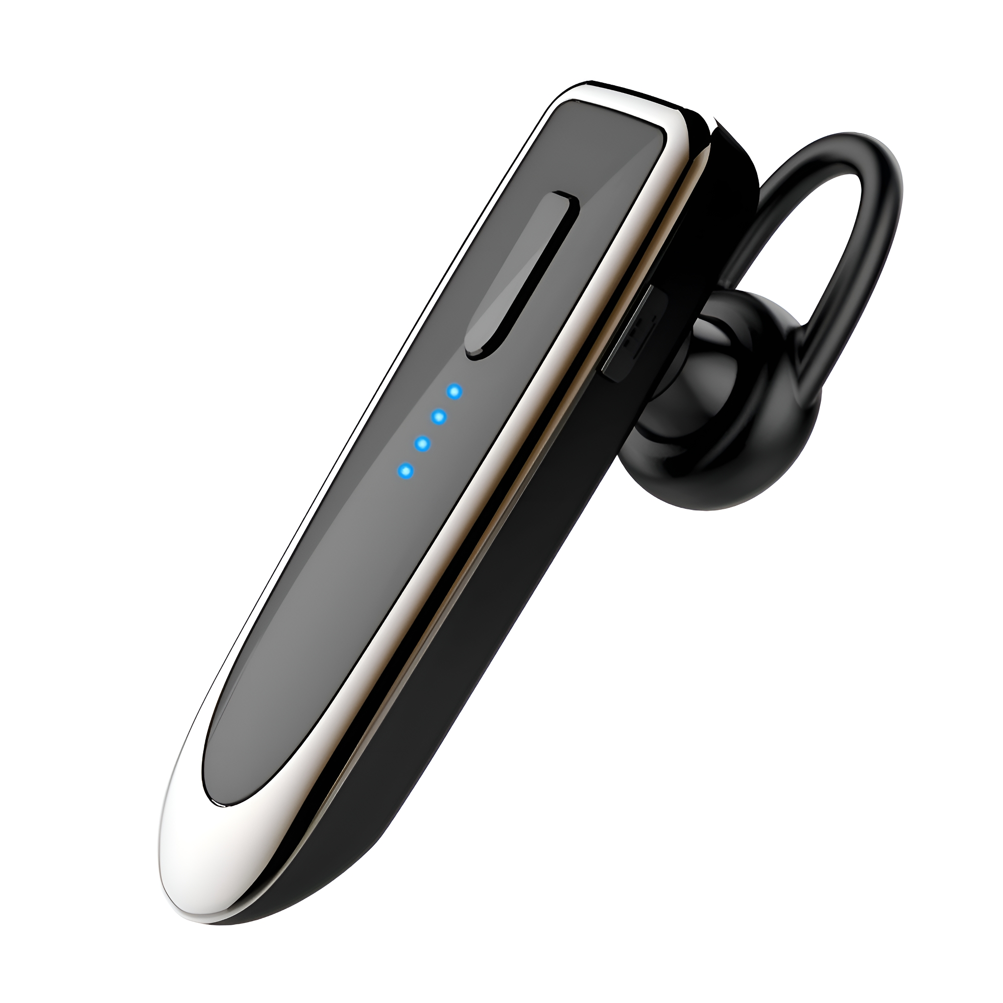 Schwarzes und silbernes Bluetooth-Headset mit blauen Ladelichtern.