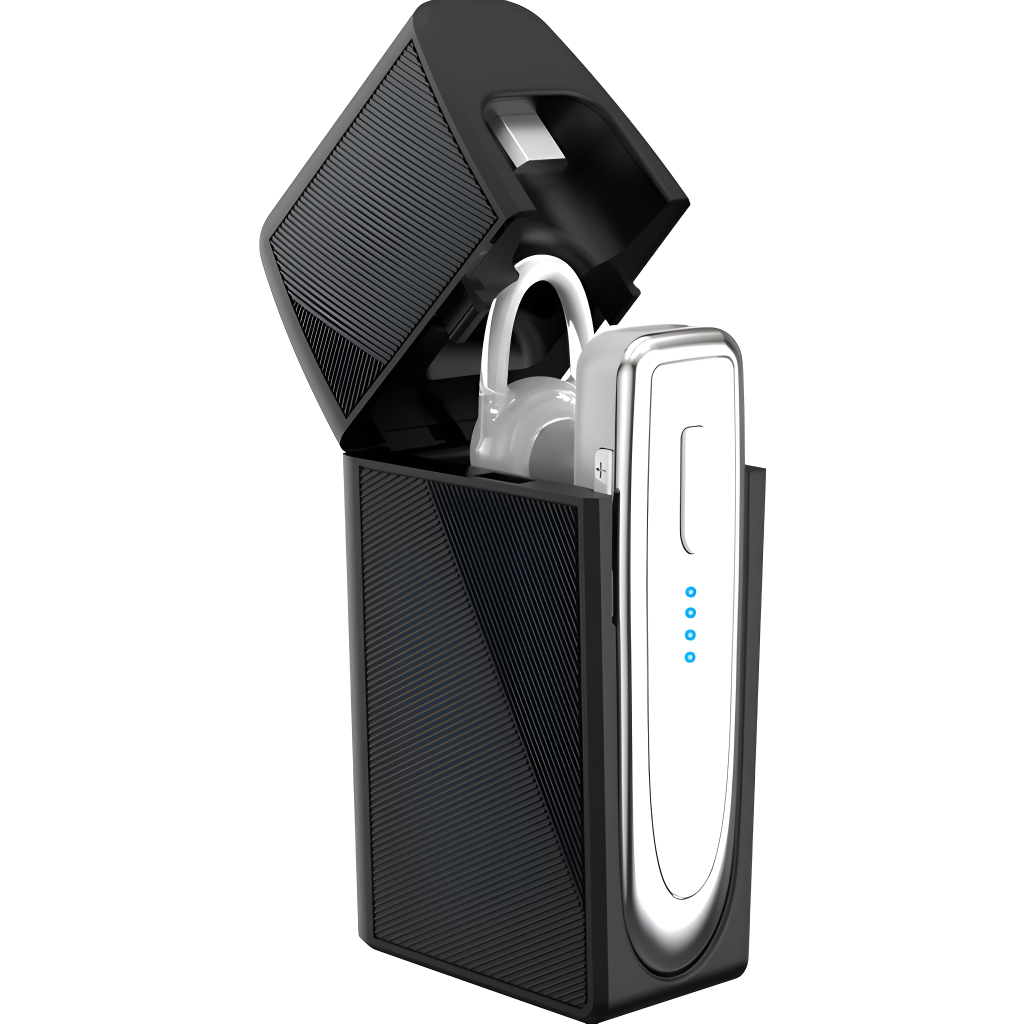 Schwarzes und silbernes Bluetooth-Headset in seinem geöffneten Etui. Das Etui befindet sich auf einer weißen Oberfläche.