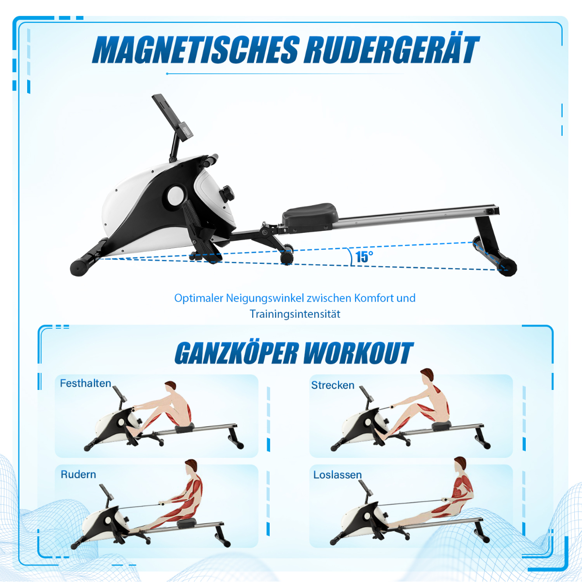Eine magnetische Rudermaschine mit Trainingsdiagrammen, die verschiedene Übungen zeigen.