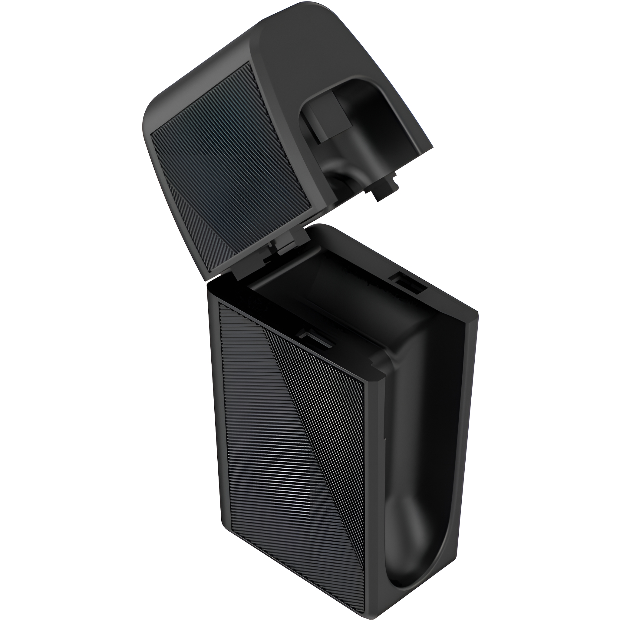 Eine schwarze Box mit offenem Deckel. Der Innenraum hat ein geriffeltes Muster. Der Deckel ist auch geriffelt.