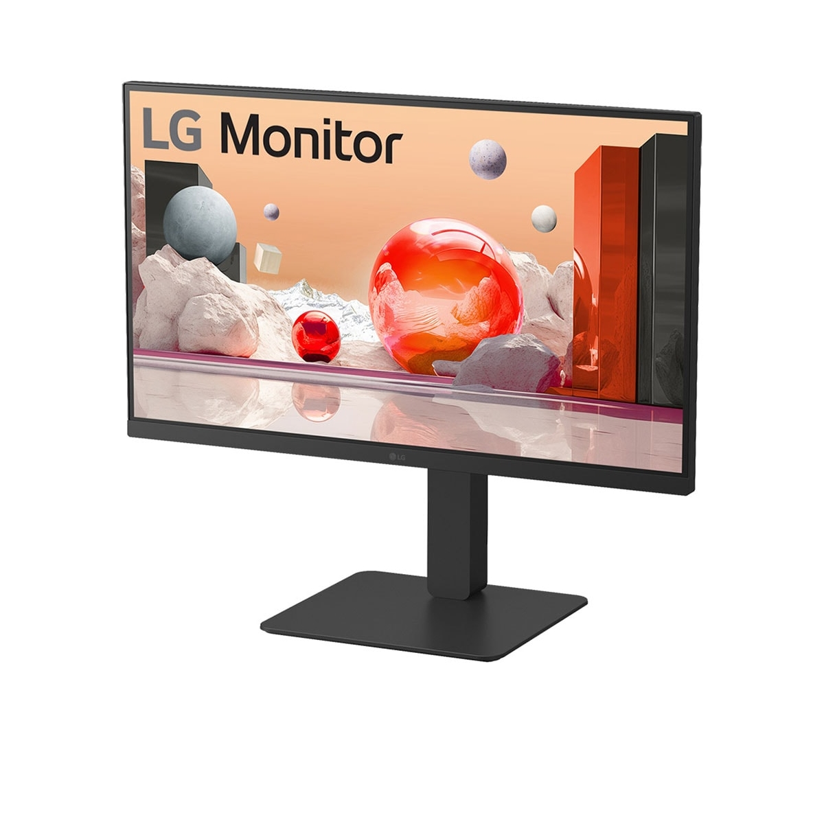 Monitor LG z czarną podstawą, wyświetlający kolorowe abstrakcyjne kształty, na białym tle.