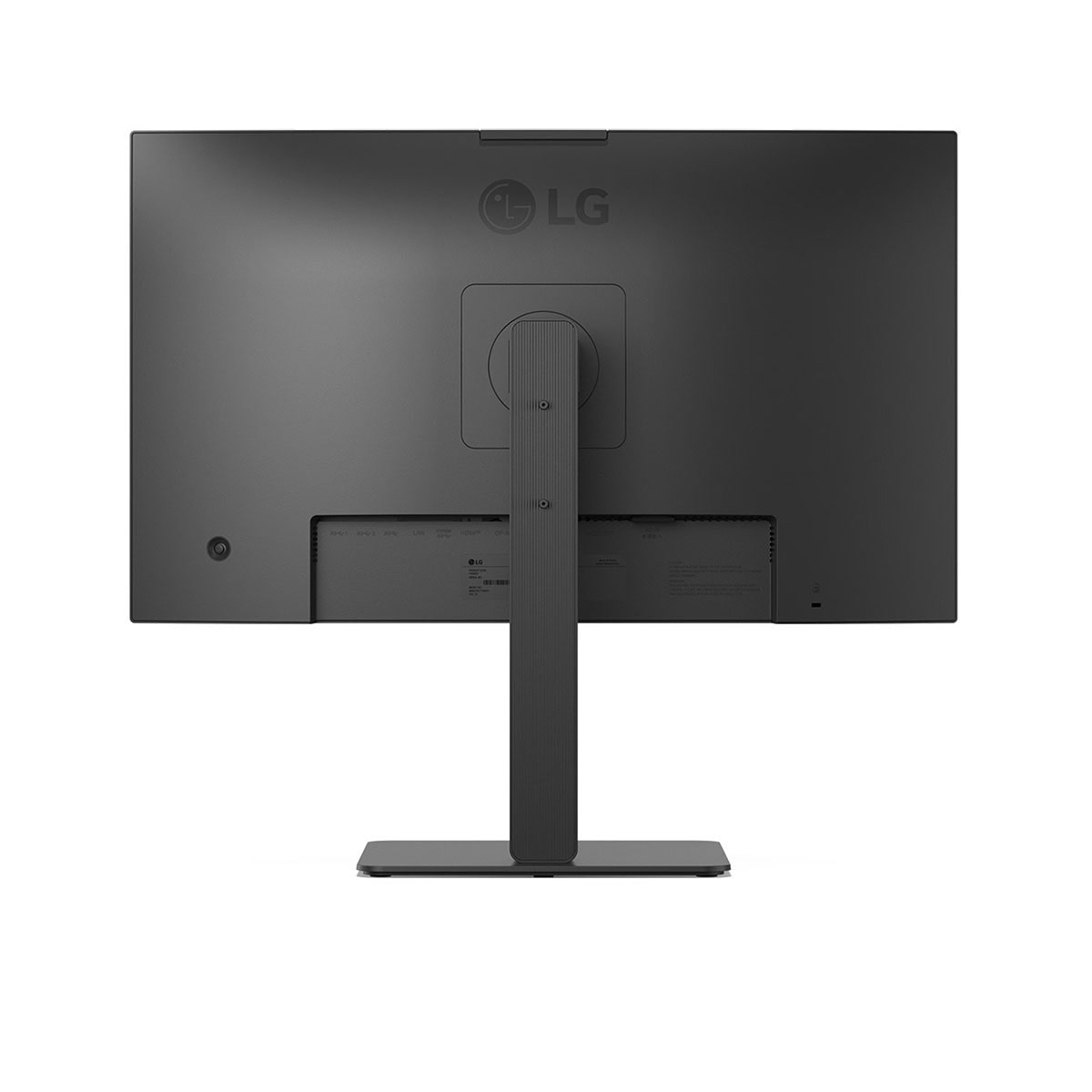 Tył czarnego monitora ze stojakiem. Logo LG na górze. Białe tło. Pionowy stojak.