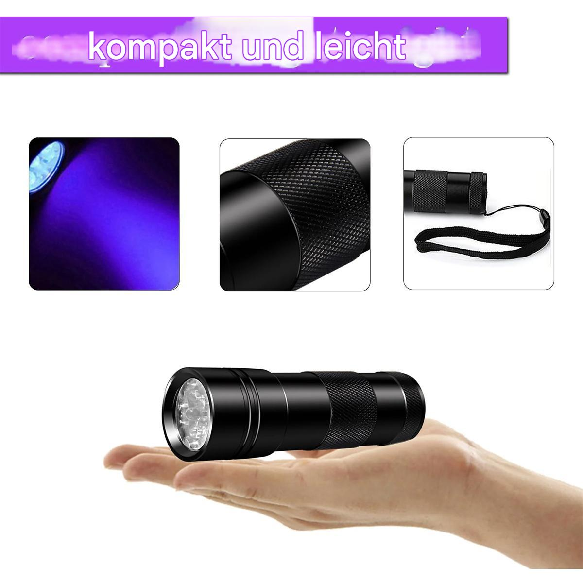 Schwarze Taschenlampe in der Hand, mit Detailaufnahmen: Licht, Körper und Riemen.