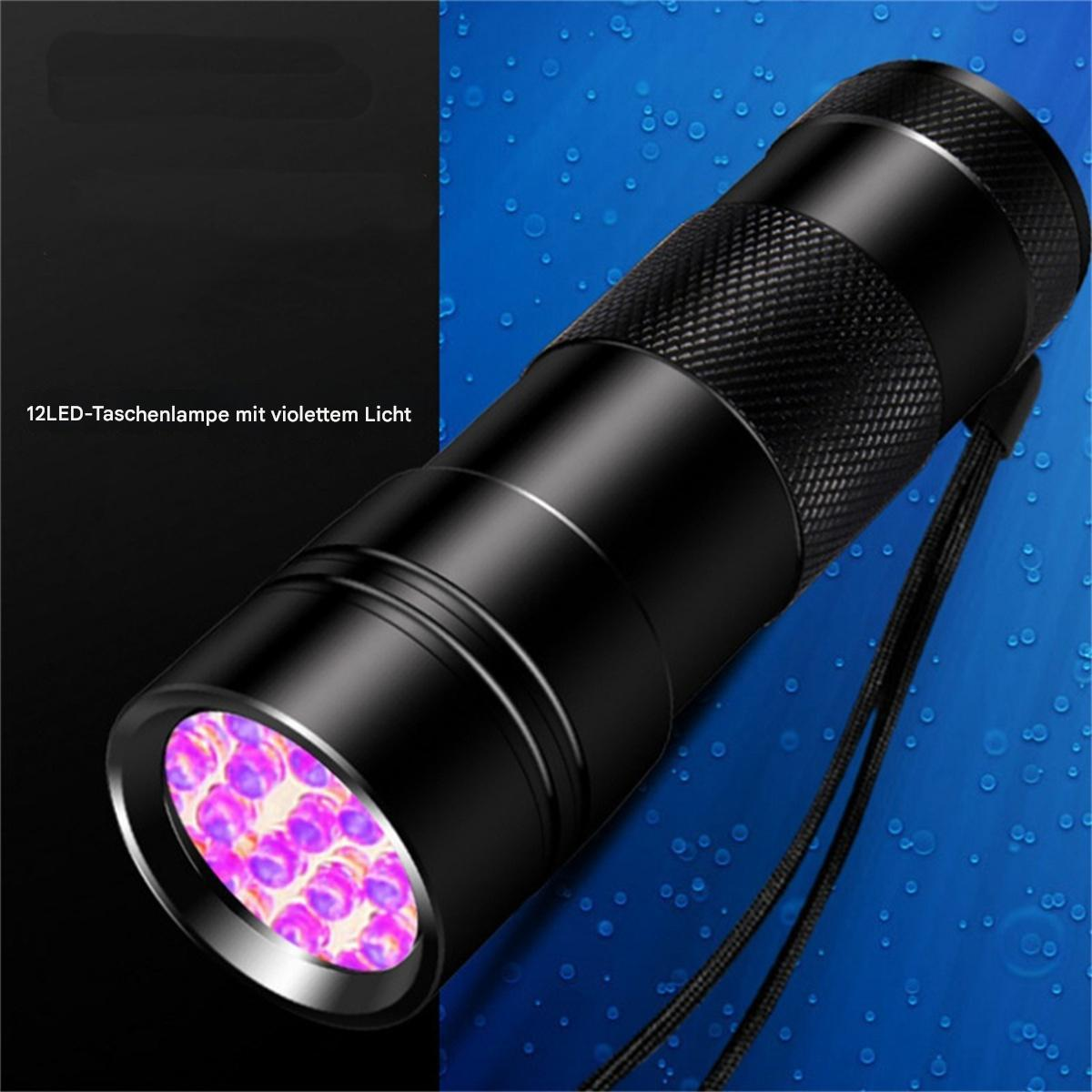 Eine schwarze UV-Taschenlampe mit lila Licht wird gezeigt. Der Hintergrund ist halb schwarz und blau.