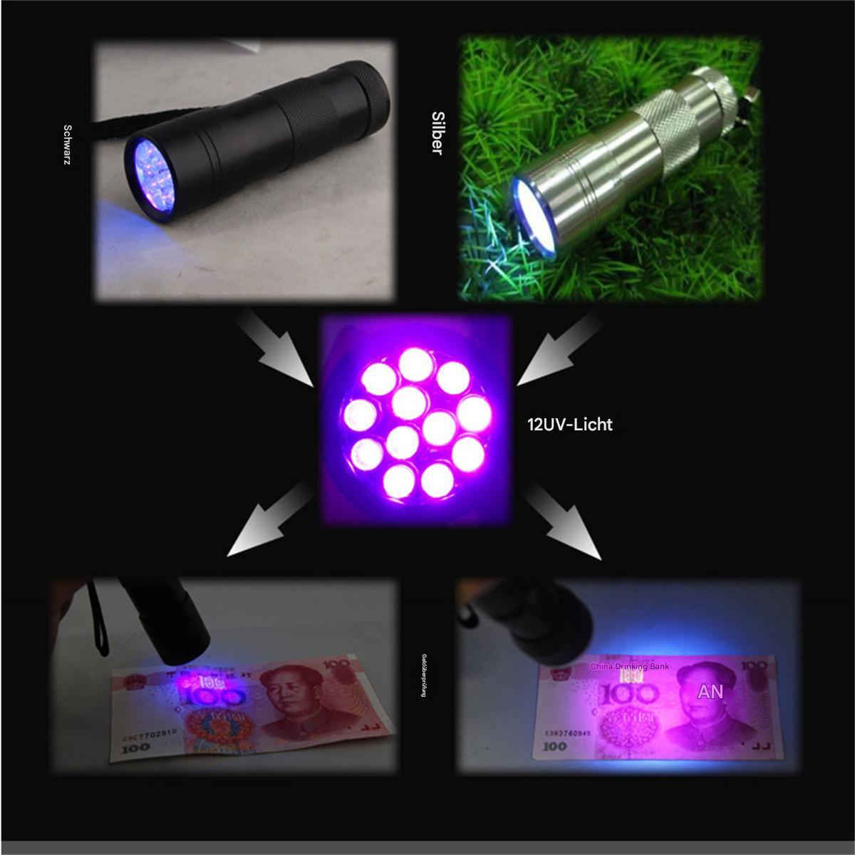 Bild zeigt UV-Lichter und Geld. Eine schwarze und eine silberne Taschenlampe. Geld leuchtet im Licht.
