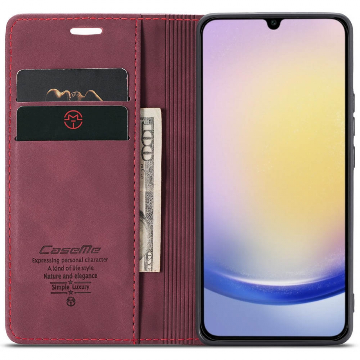 Eine rote Brieftaschen-Handyhülle. Sie ist geöffnet und zeigt Karten und einen Hundert-Dollar-Schein.