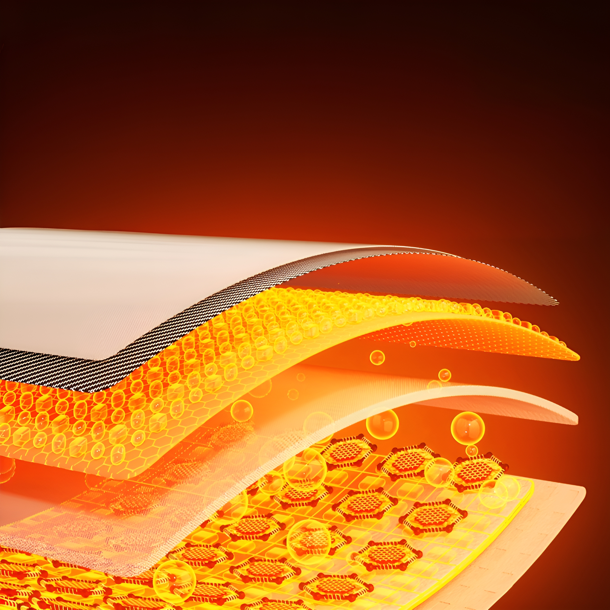 Querschnitt eines mehrschichtigen Materials mit rot-orange-gelbem Farbverlauf.