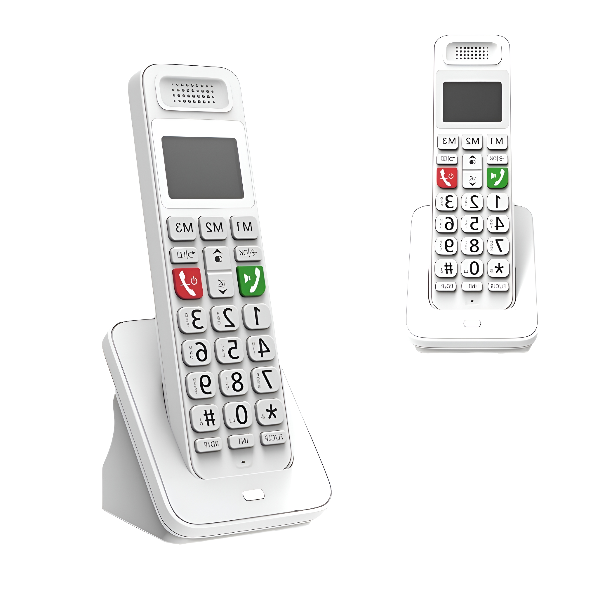 Zwei weiße schnurlose Telefone auf weißem Hintergrund. Eines hat eine Tastatur und einen Bildschirm, das andere ist eine Basisstation.