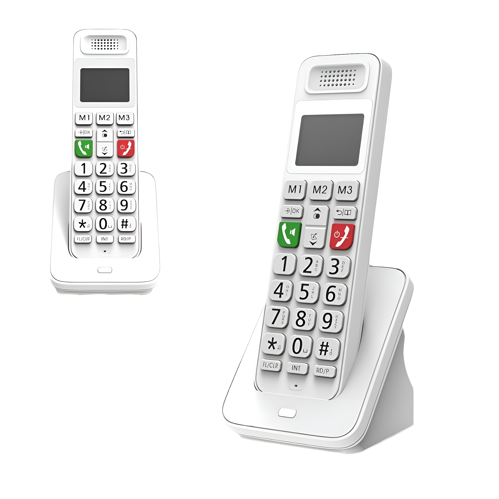 Zwei weiße schnurlose Telefone auf weißem Hintergrund, mit großen Tasten und Bildschirmen.