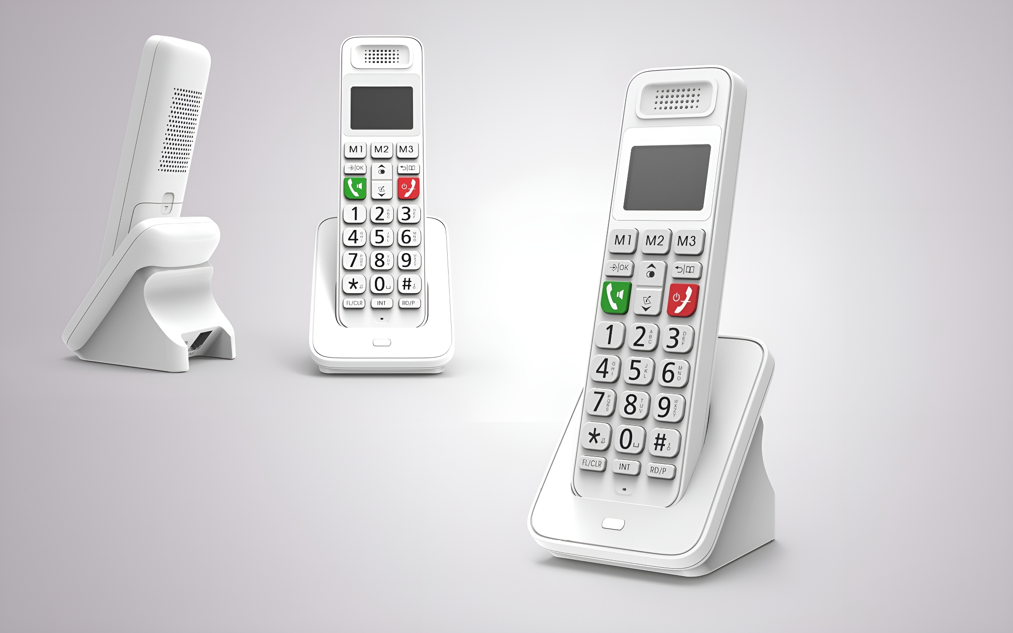 Schnurlose weiße Telefone auf weißem Hintergrund, mit großen nummerierten Tasten.