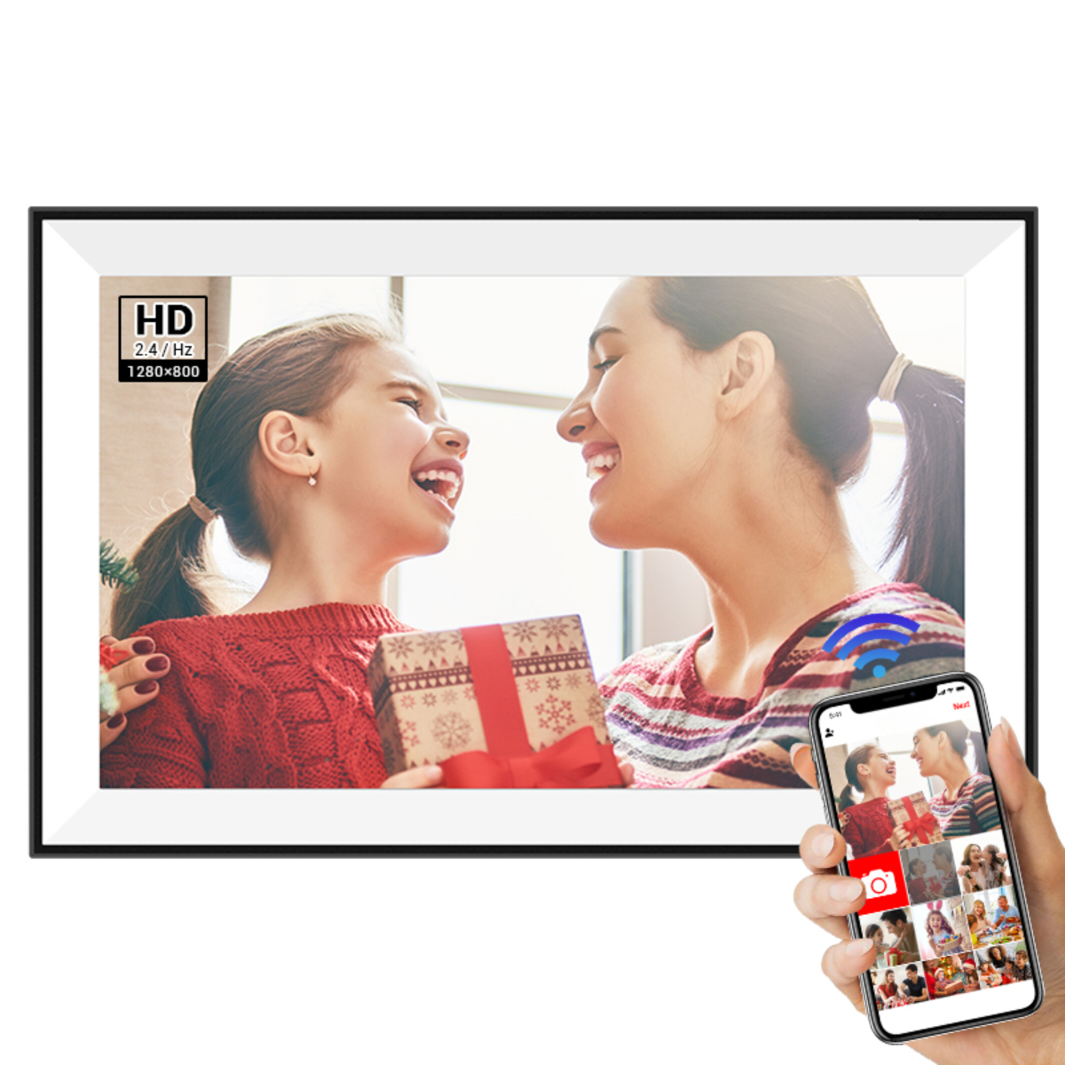 Gerahmtes Digitalfoto, Frau und Mädchen schauen sich an, Telefon mit Bildern.
