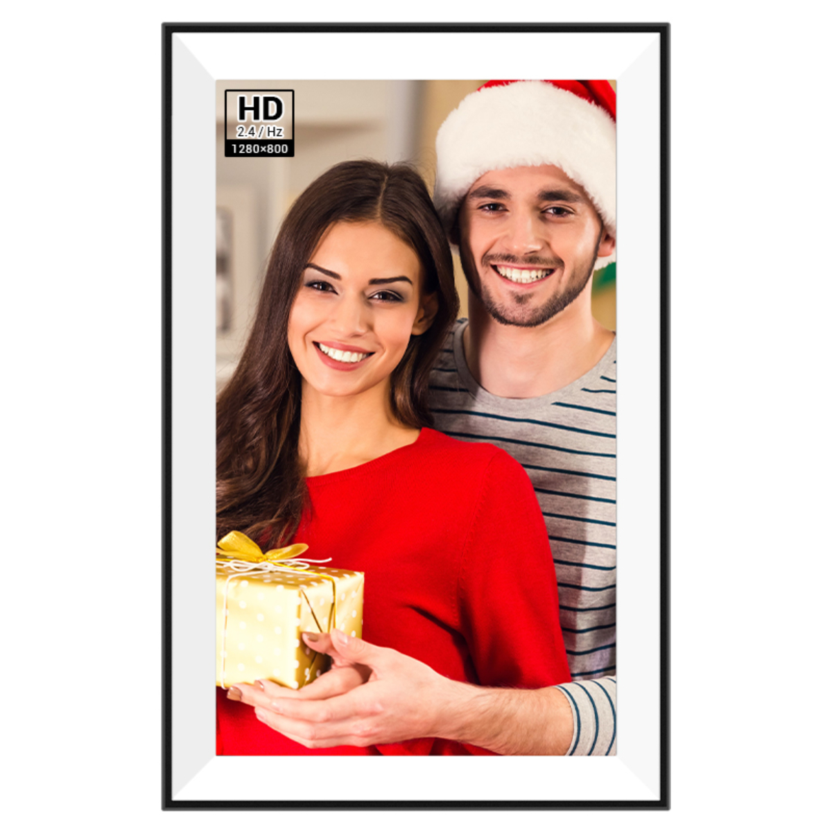 Ein gerahmtes Bild eines Paares in weihnachtlicher Umgebung. Der Hintergrund ist weiß.