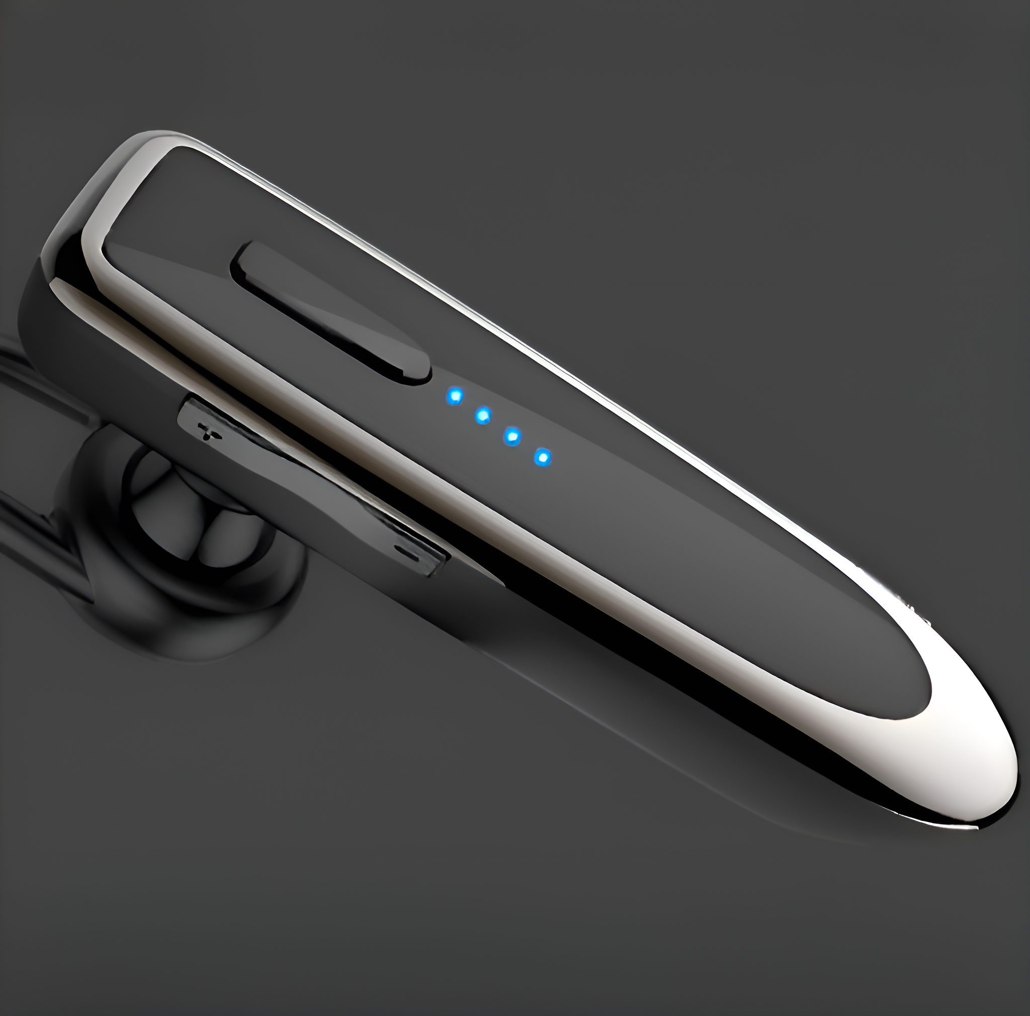 Schwarzes und silbernes Bluetooth-Headset. Oben befinden sich vier blaue Kontrollleuchten.