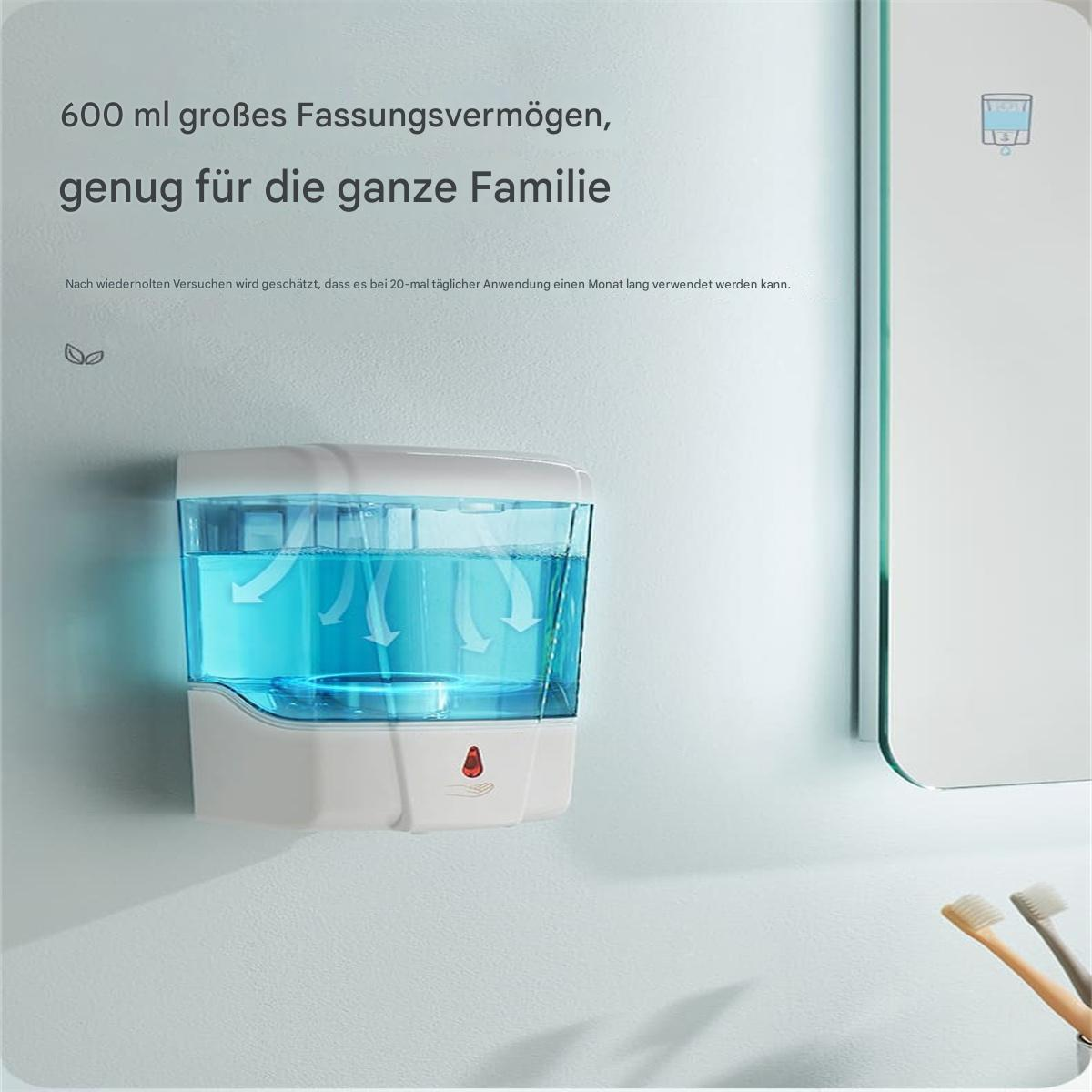 Ein weißer, automatischer Seifenspender an einer Wand, mit blauer Flüssigkeit. Ein Waschbecken ist ebenfalls vorhanden.
