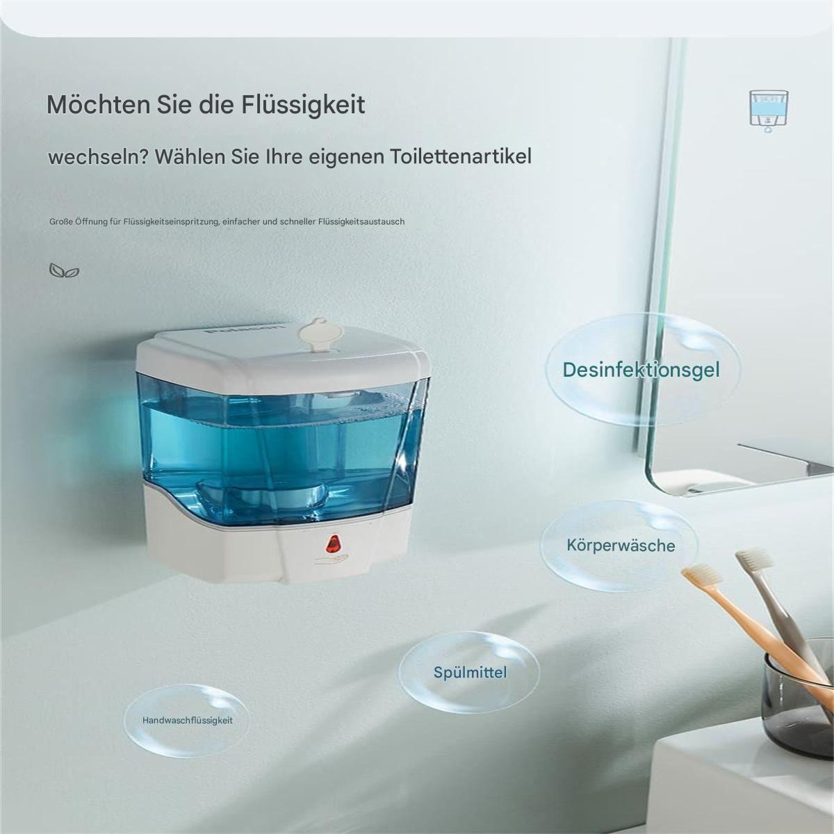 Ein an der Wand befestigter Seifenspender mit Etiketten für Produkte wie Handwäsche.