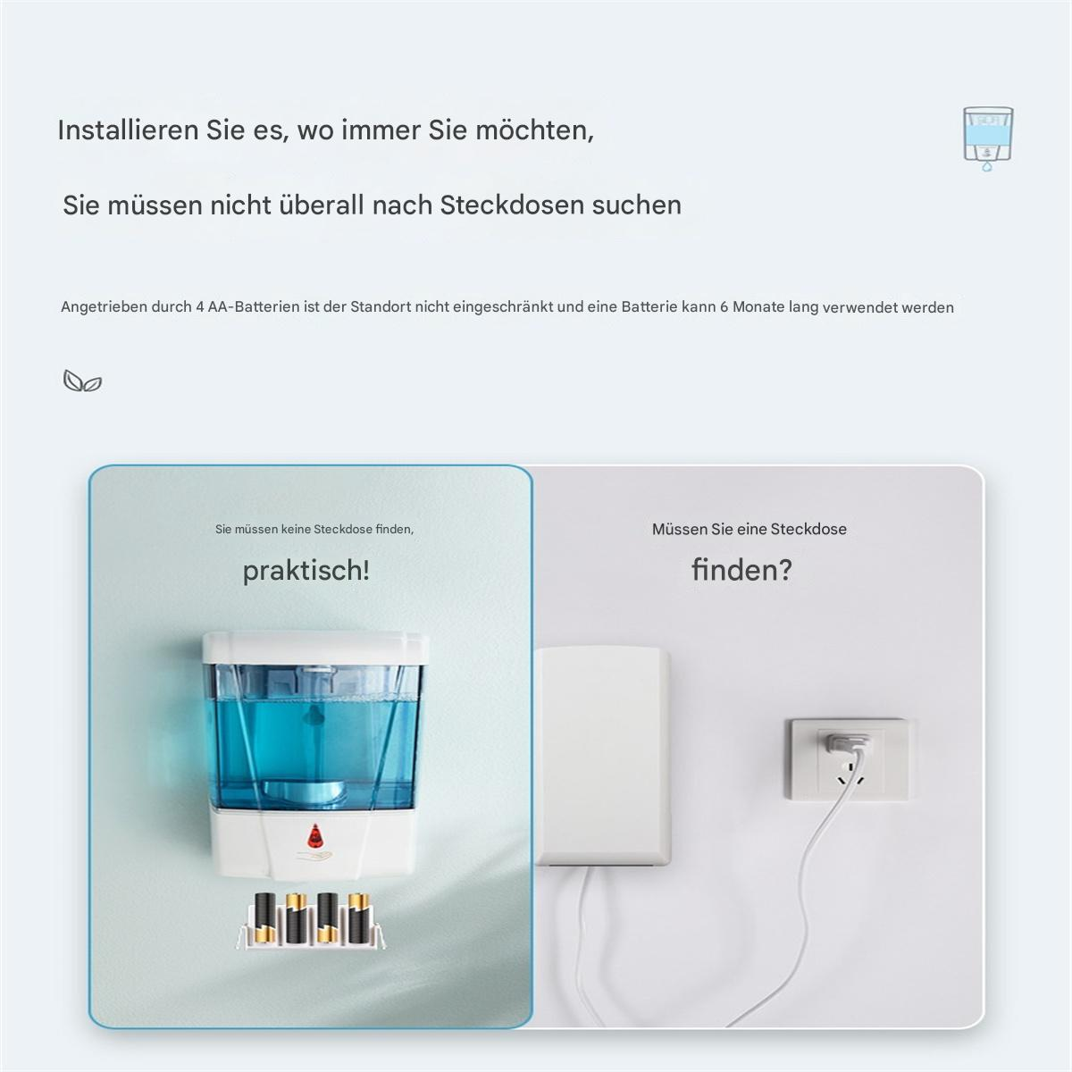 Werbung zeigt einen kabellosen Seifenspender mit Text: 'Sie müssen keine Steckdose finden'.