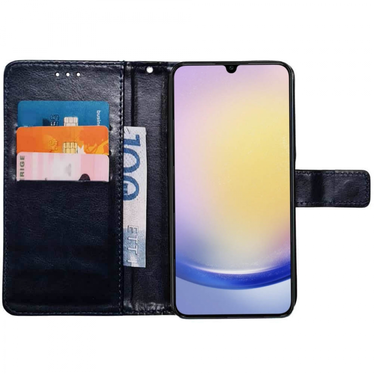 Eine Handyhülle mit Handy, Kreditkarten und Geld.