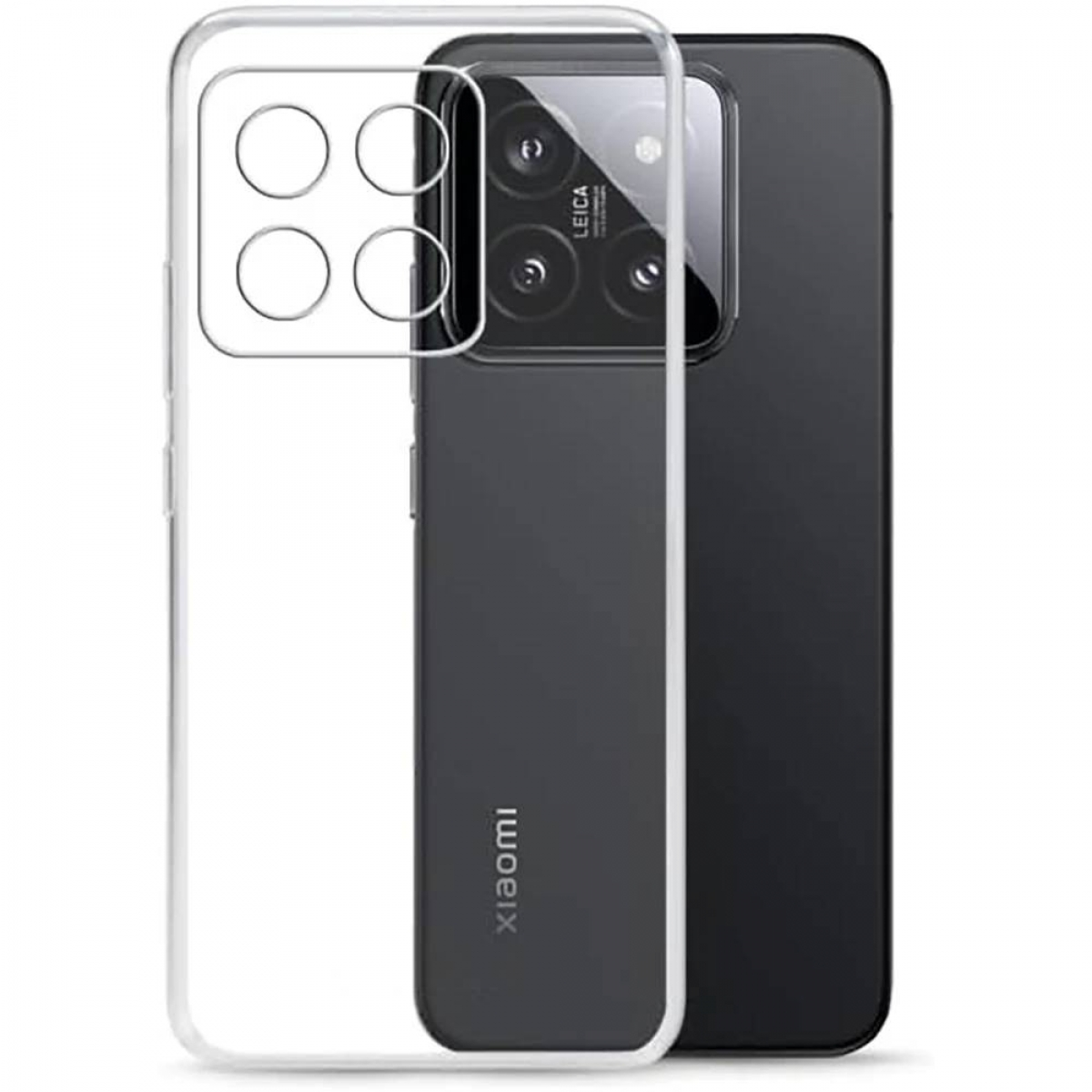 Ein schwarzes Telefon mit einer durchsichtigen Hülle, die die Kamera und das 'Xiaomi'-Logo auf der Rückseite zeigt.