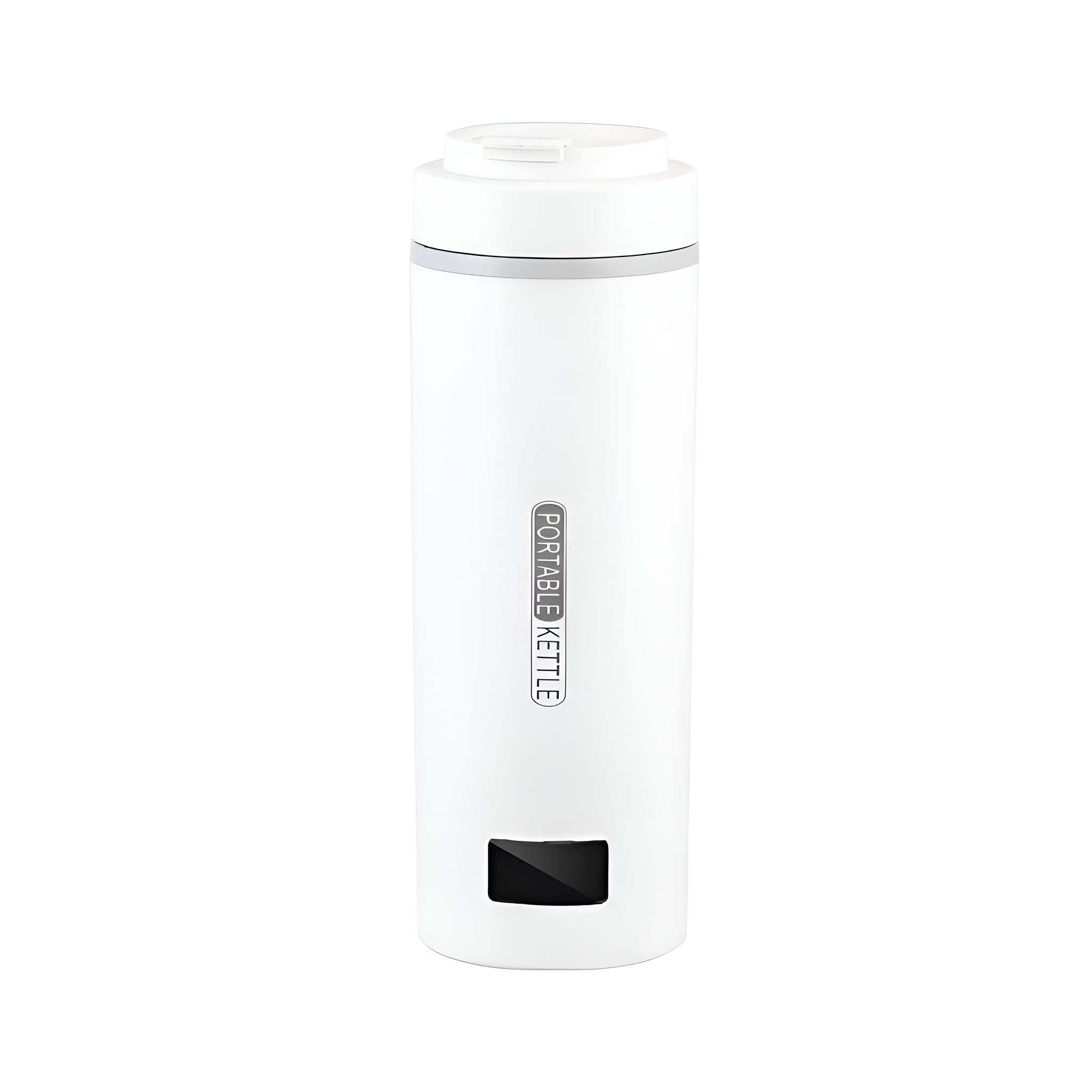 Weißer tragbarer Wasserkocher mit schwarzem Bedienfeld und dem Schriftzug 'PORTABLE KETTLE'.