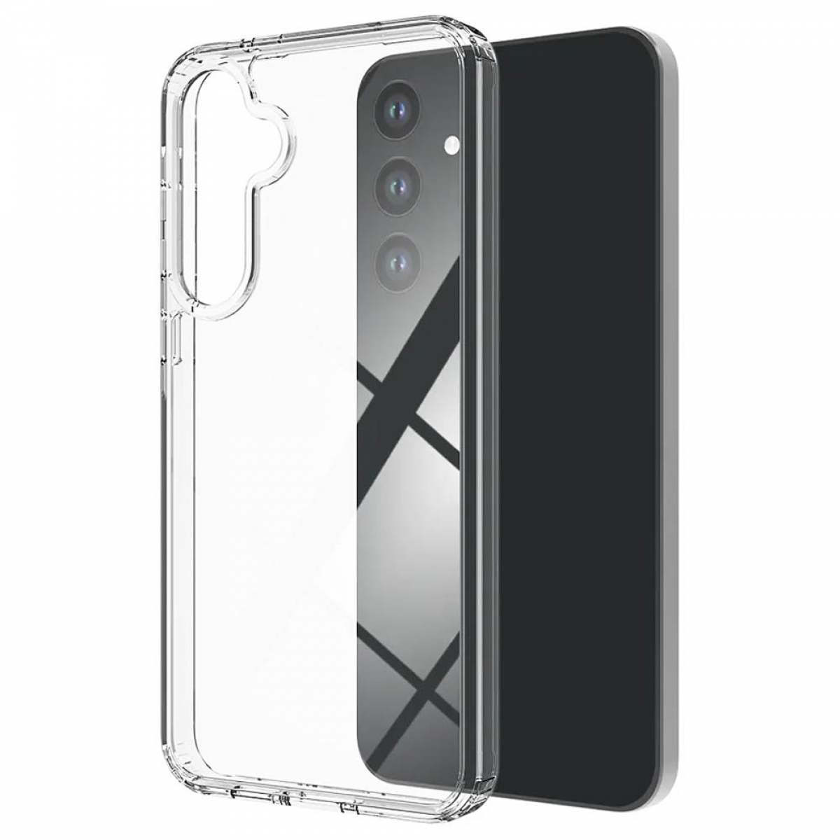 Transparente Handyhülle auf einem schwarzen Telefon, mit Reflexion.
