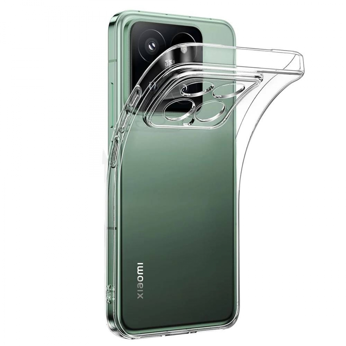 Ein grünes Telefon in einer durchsichtigen Hülle. Das Telefon hat eine Kamera und ein Xiaomi-Logo.
