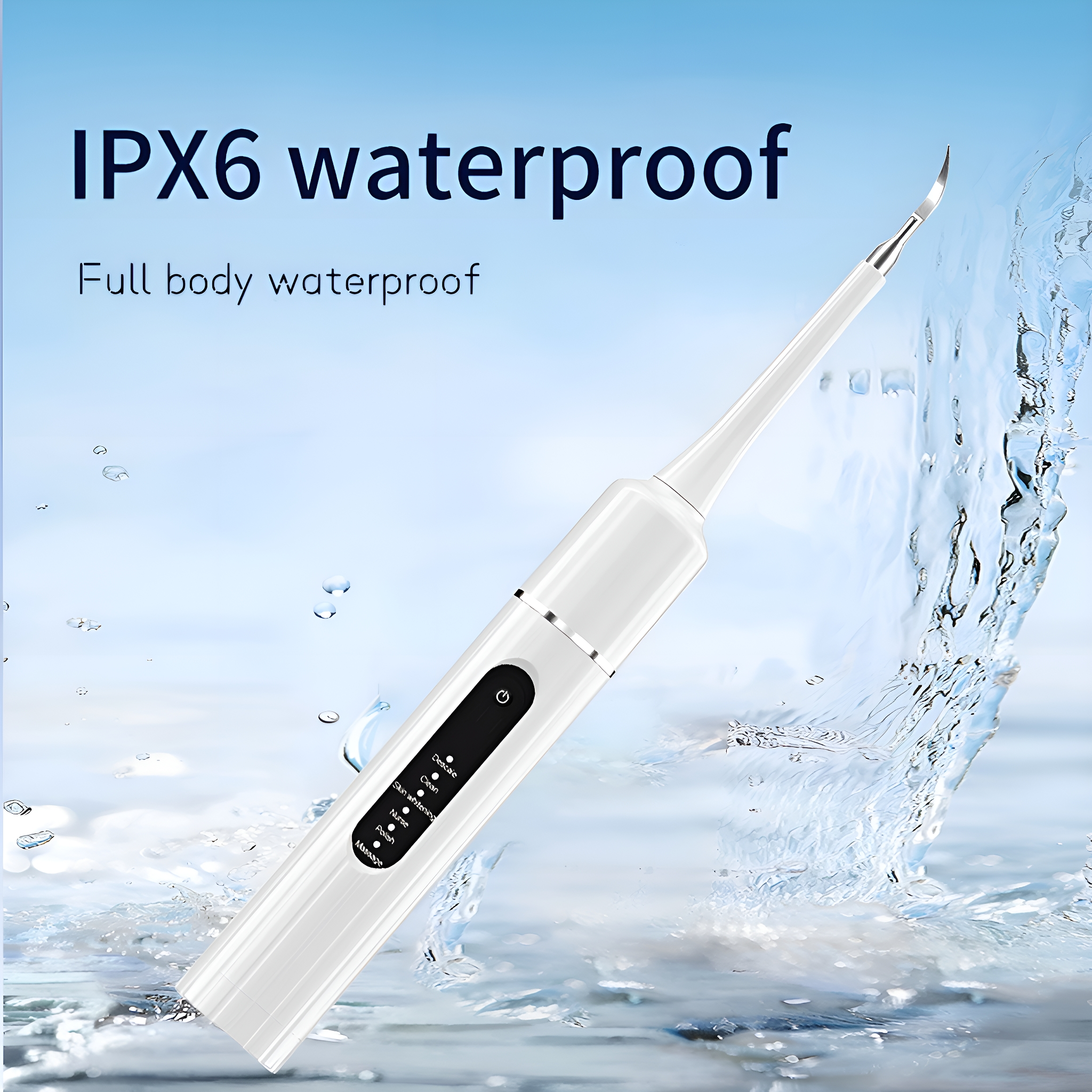 Weißer elektrischer Zahnsteinentferner mit Display und Wassertropfen, die die Wasserdichtigkeit zeigen.