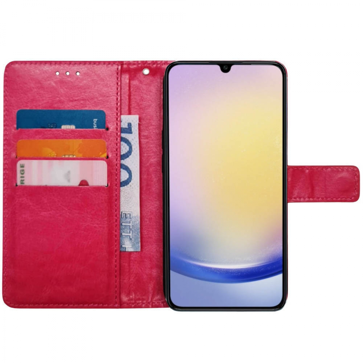 Eine rote Handyhülle mit Telefon und Karten, auf weißem Hintergrund.