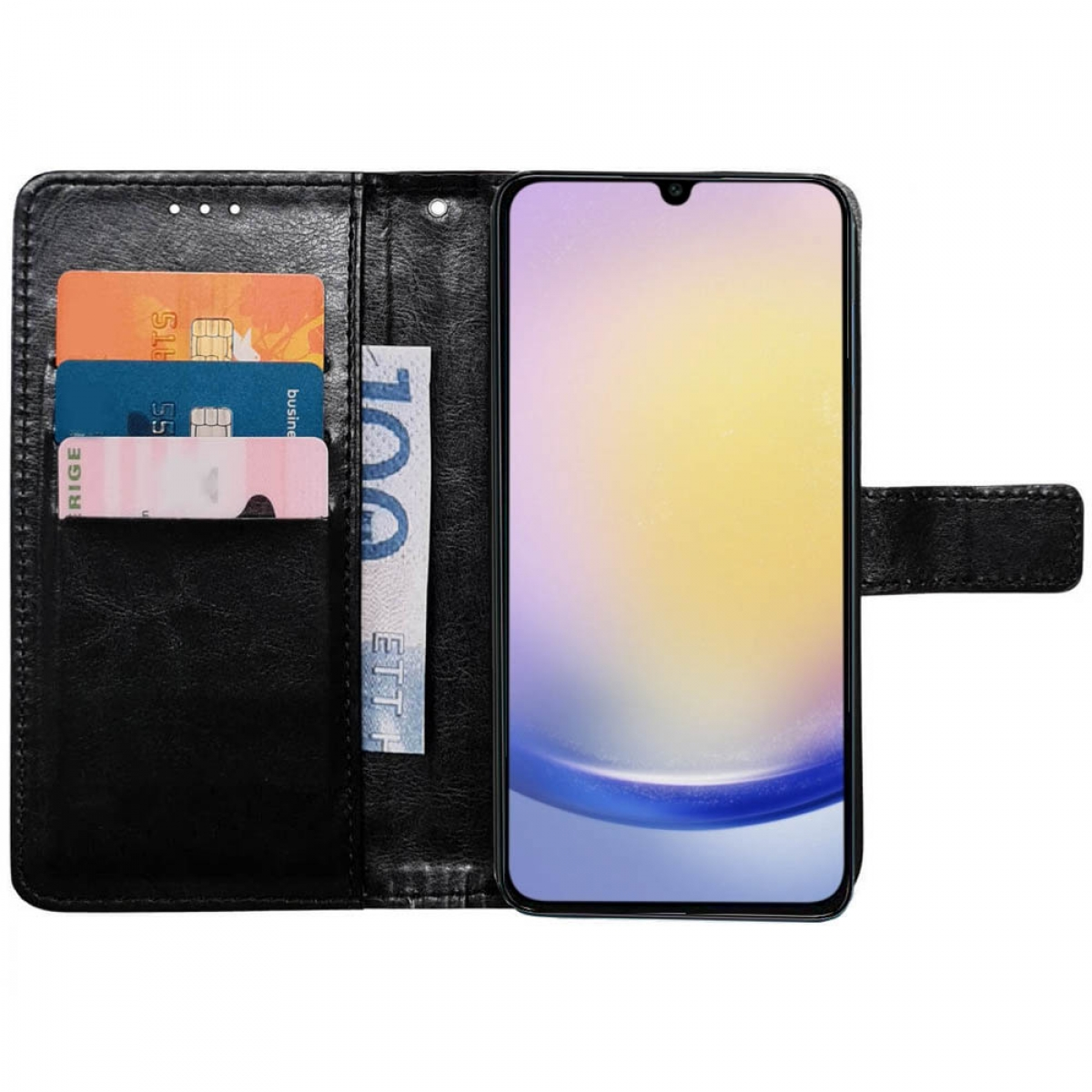 Schwarze Handyhülle mit Telefon und Geldbörse. Eine 100 EIT-Note ist sichtbar.