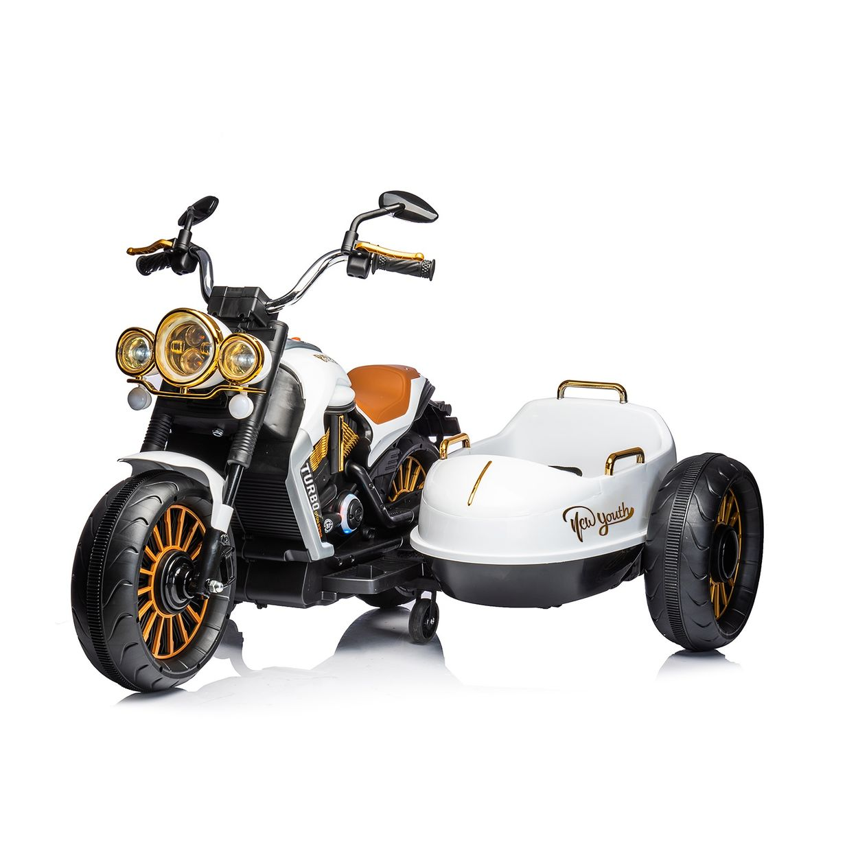 Una motocicleta de juguete blanca y negra con sidecar. Tiene luces y detalles dorados.