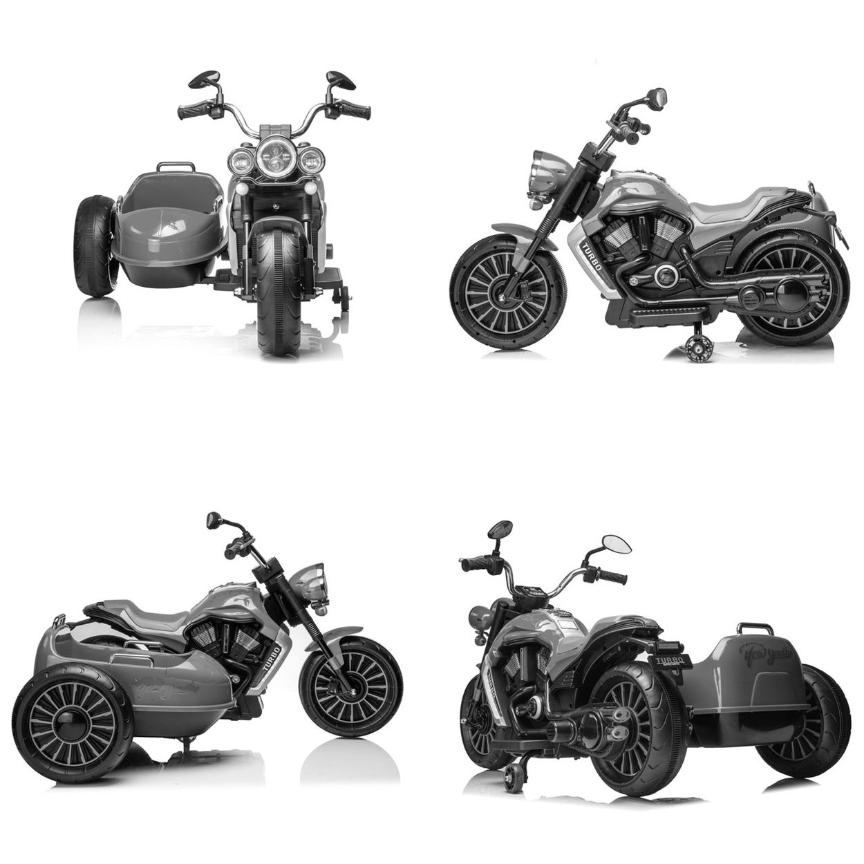 Cuatro imágenes de motos de juguete con sidecar, en blanco y negro, varios ángulos. Todo es un fondo blanco.