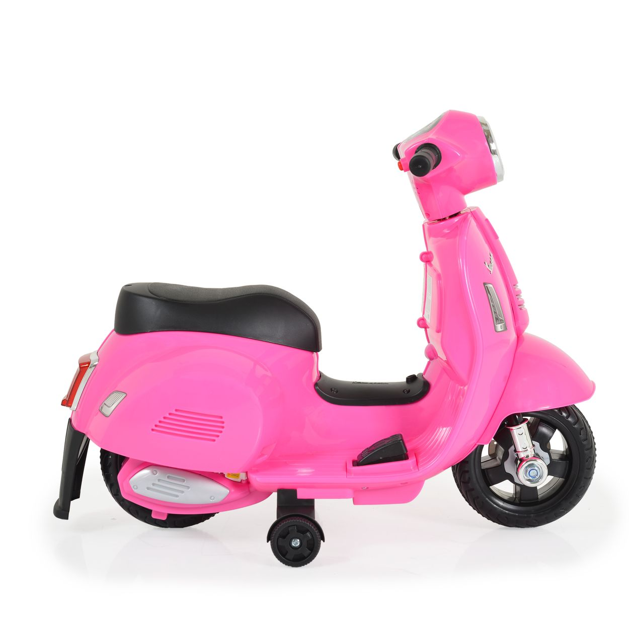 Rosa Spielzeug-Vespa-Roller mit schwarzem Sitz und Rädern. Weißer Hintergrund.