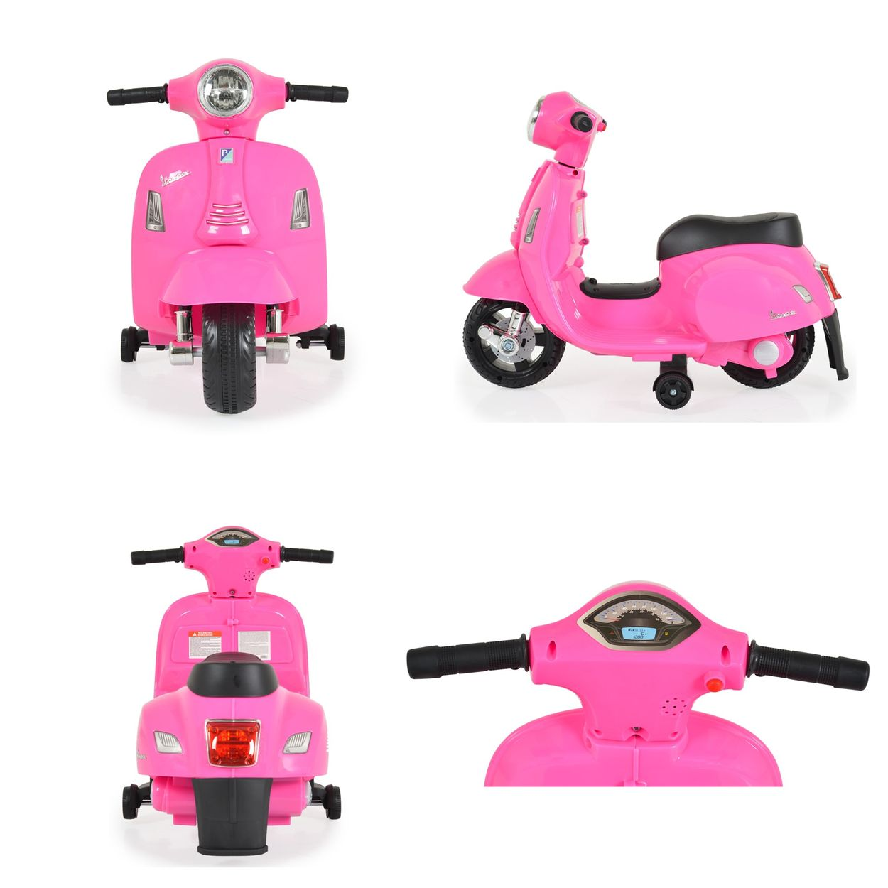 Vier Ansichten eines rosa Vespa-Rollers, die Vorderseite, Seite und Lenkerdetails zeigen.