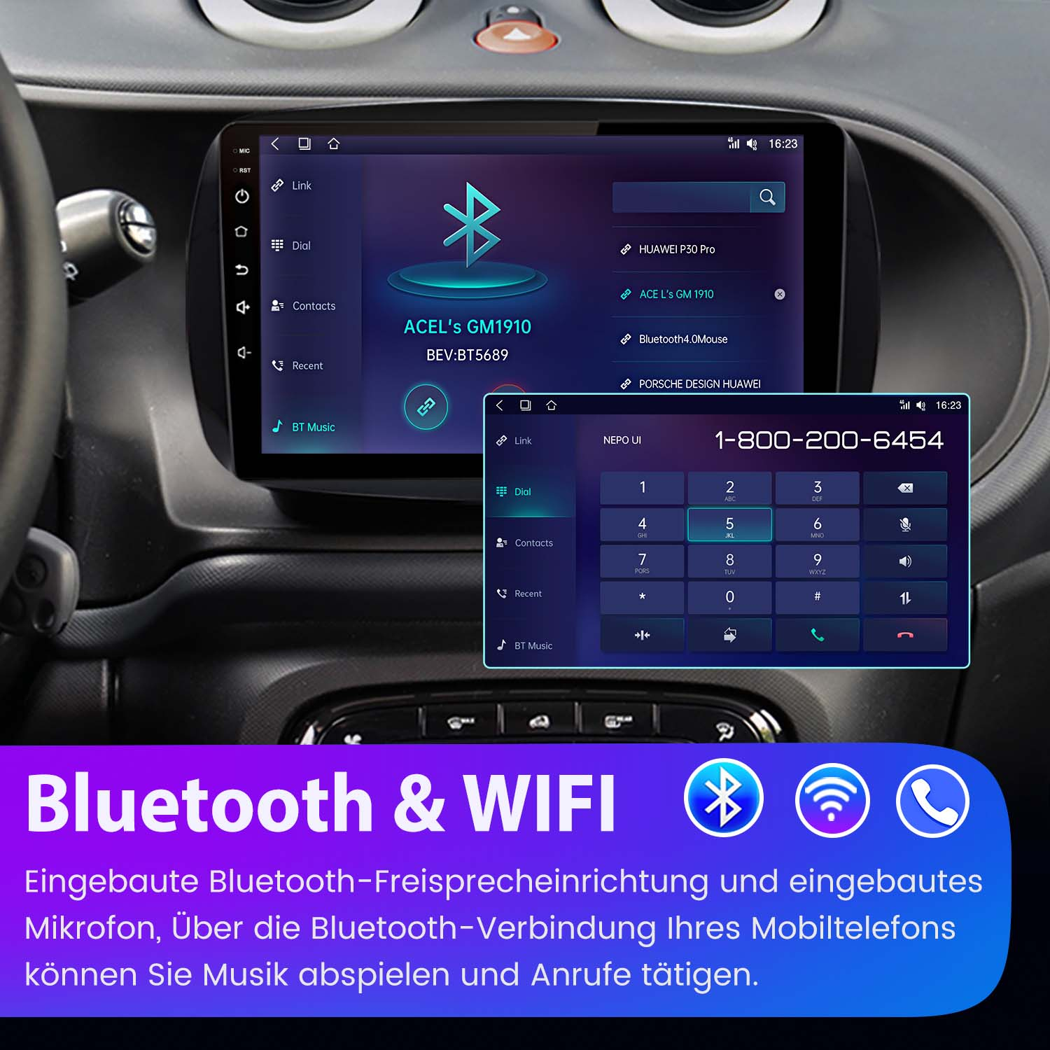 Armaturenbrett eines Autos mit einem Bildschirm, der Bluetooth- und WLAN-Symbole zeigt. Der Bildschirm zeigt eine Telefonwahl.