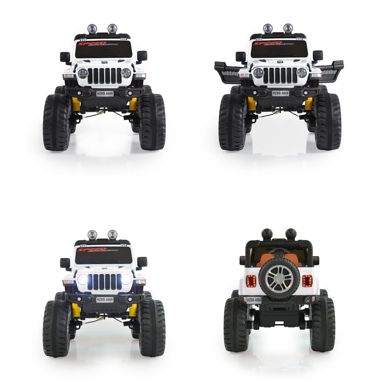 Mehrere Ansichten eines weißen Spielzeug-Jeeps. Weißer Hintergrund.