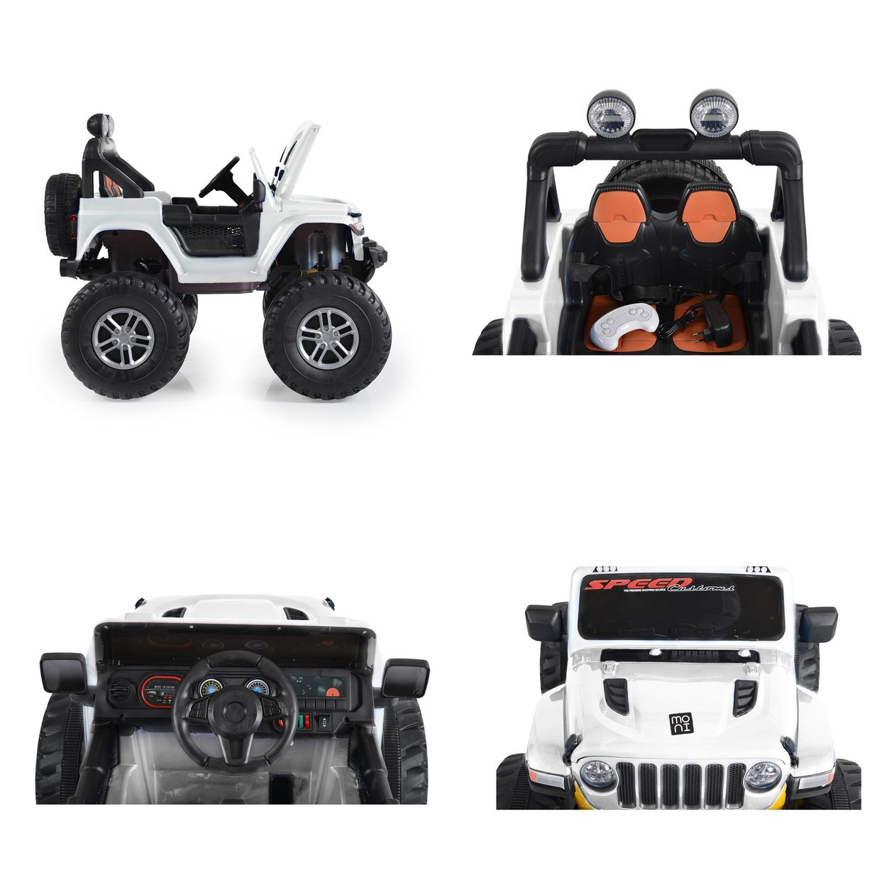 Ein weißer Spielzeug-Jeep aus mehreren Winkeln gezeigt. Der Jeep hat einen schwarzen Innenraum, große Reifen und Lichter.