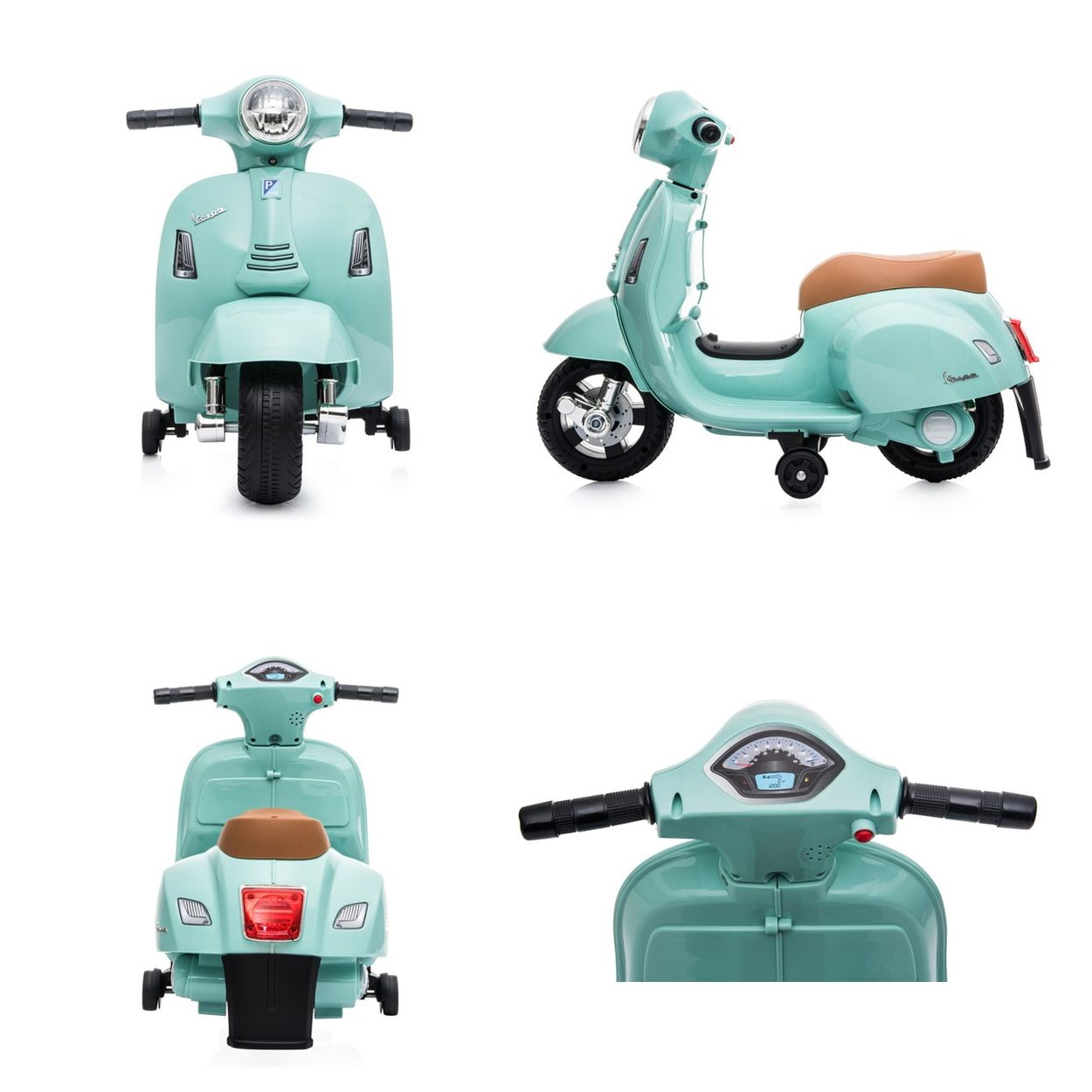 Ein mintgrüner Spielzeug-Vespa-Roller in mehreren Ansichten, die Details zeigen.