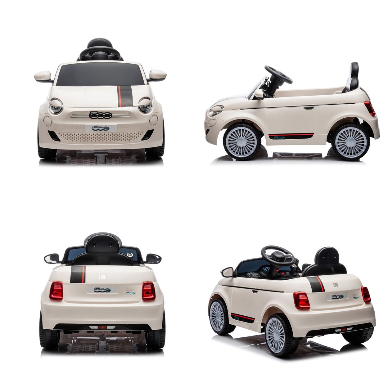 Vier Ansichten eines weißen Spielzeugautos mit schwarzen Streifen und schwarzem Innenraum.