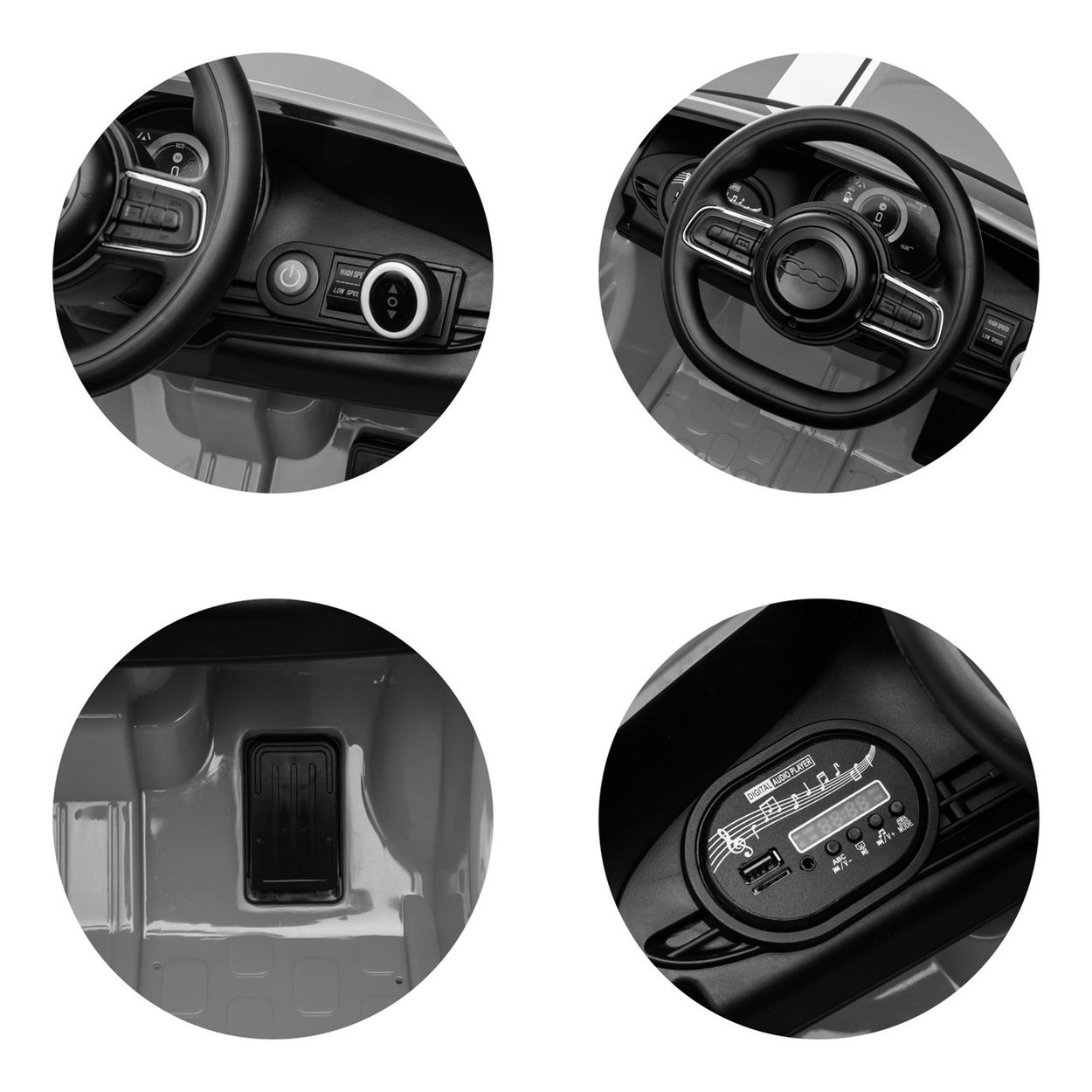 Nahaufnahme von Autoinnendetails: Lenkrad, Armaturenbrett und Konsole. Details in Grautönen.