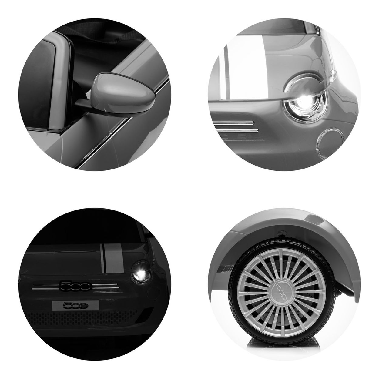 Vier Detailaufnahmen eines grauen Spielzeugautos. Enthält Spiegel, Scheinwerfer, Rad.