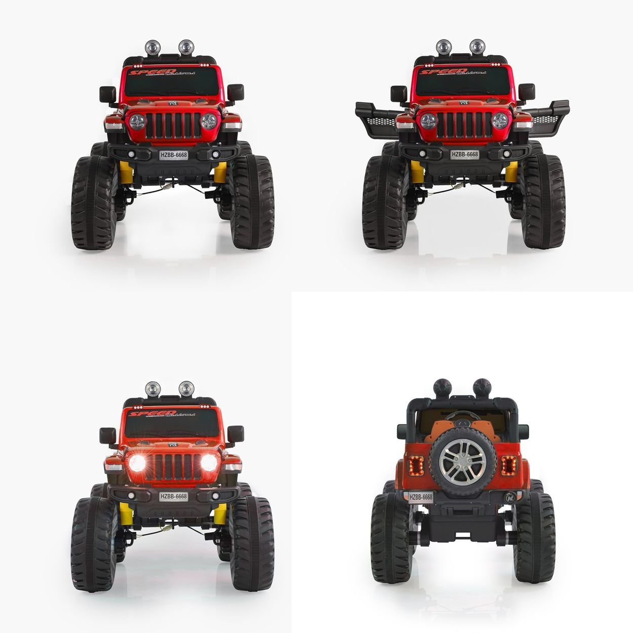 Vier Bilder eines roten Spielzeug-Jeeps, verschiedene Winkel. Weißer Hintergrund.