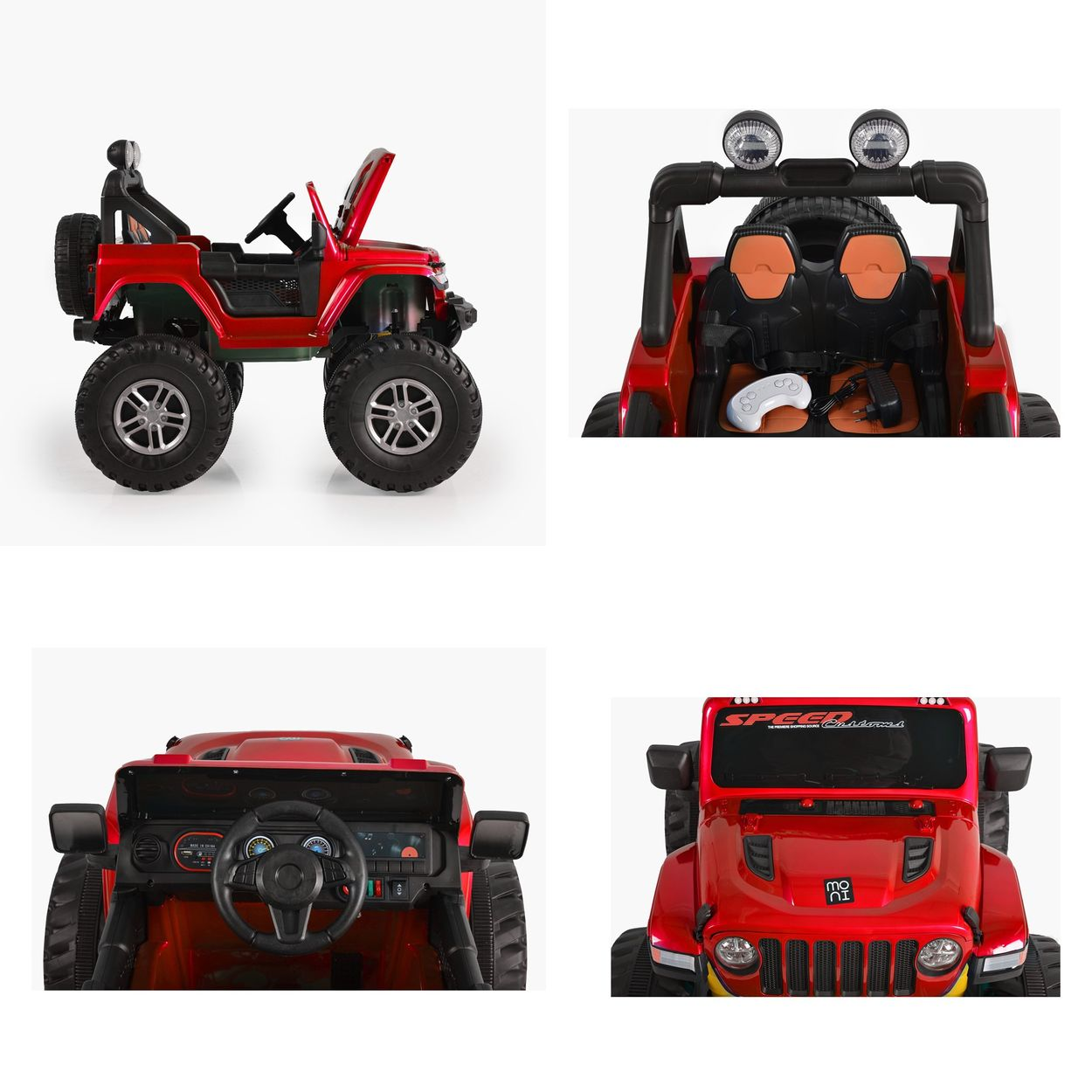 Roter Spielzeug-Jeep, mehrere Ansichten: vorne, seitlich, innen und oben, auf weißem Grund.